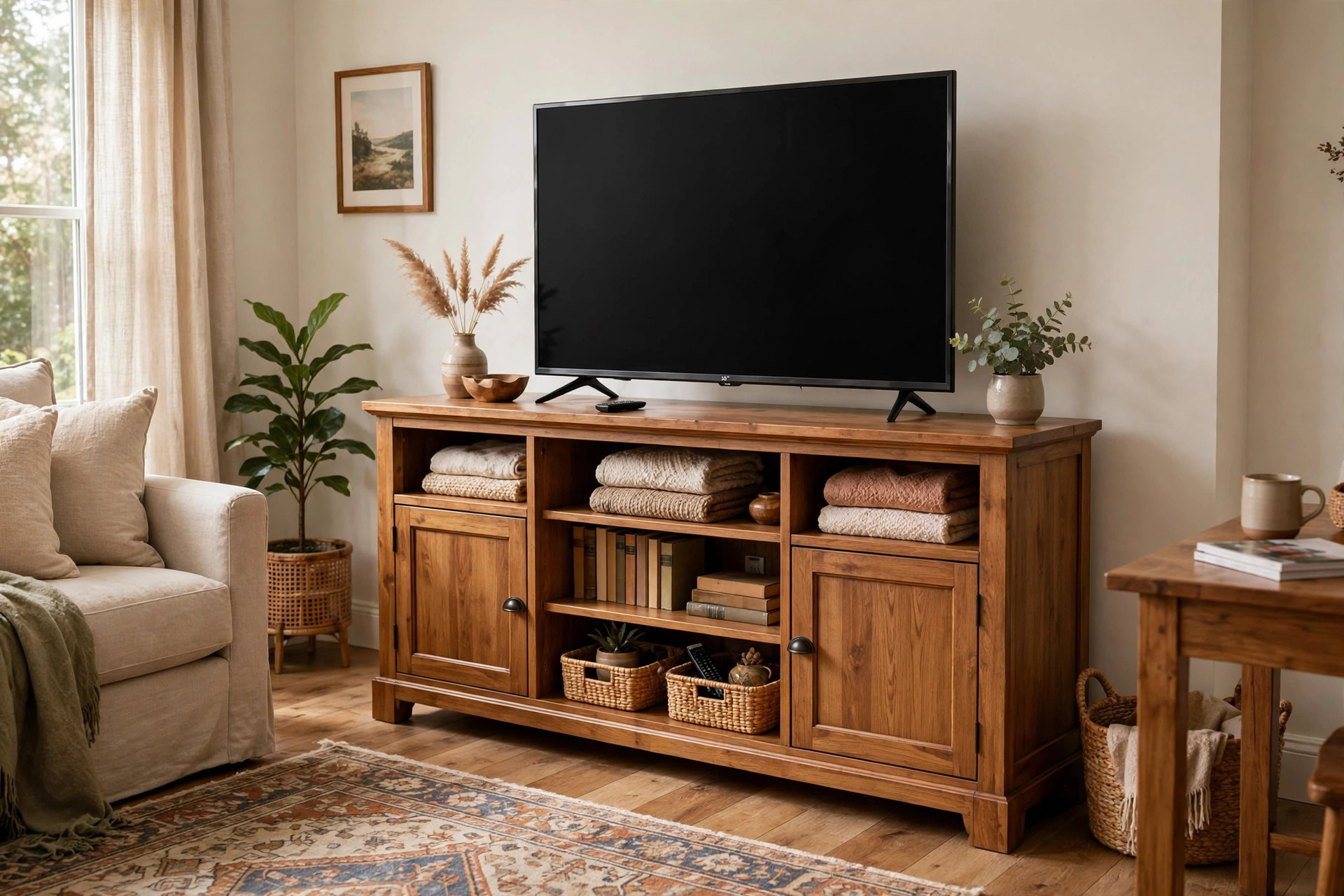 living room tv stands buying guide usa: A wooden TV stand with a flat-screen television in a warm American living room