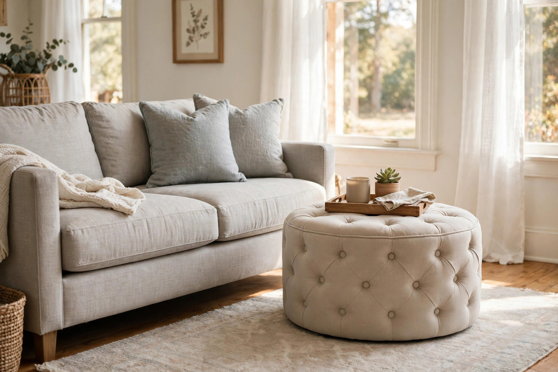 living room ottomans buying guide usa: Round ottoman with storage in a bright living room