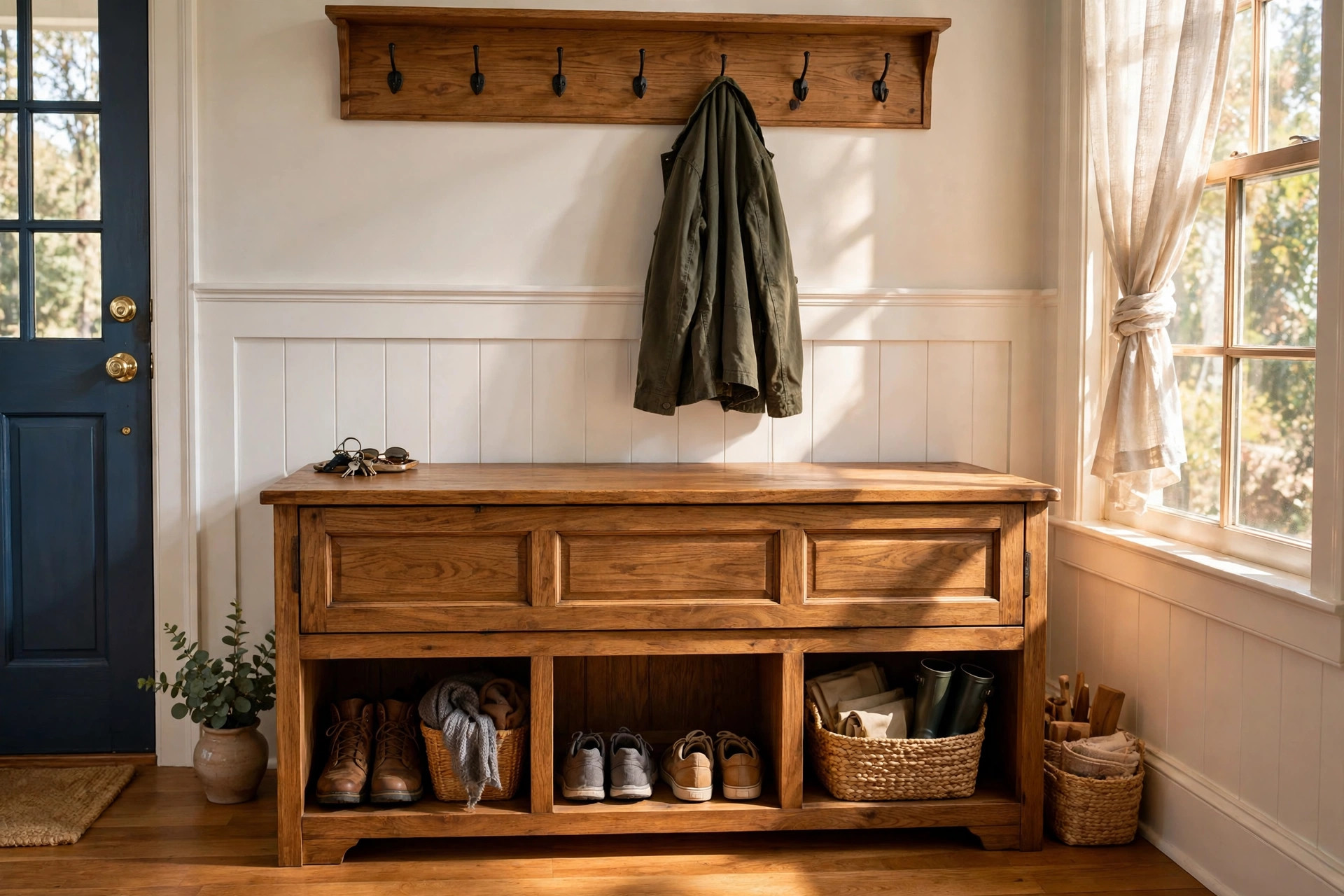 entryway storage benches buying guide usa: Wooden entryway storage benches in an American foyer