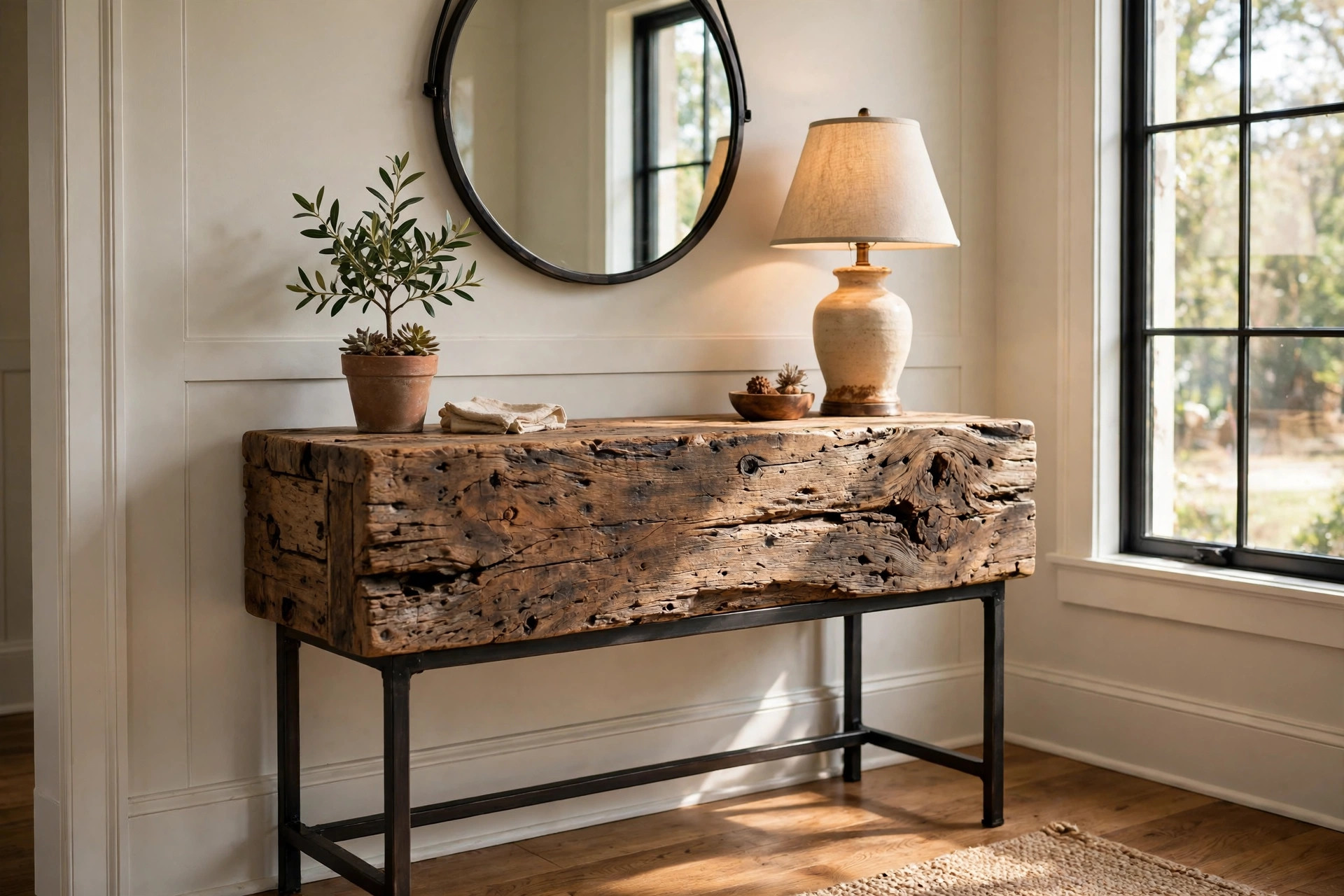 Rustic console tables for sale usa in a farmhouse entryway