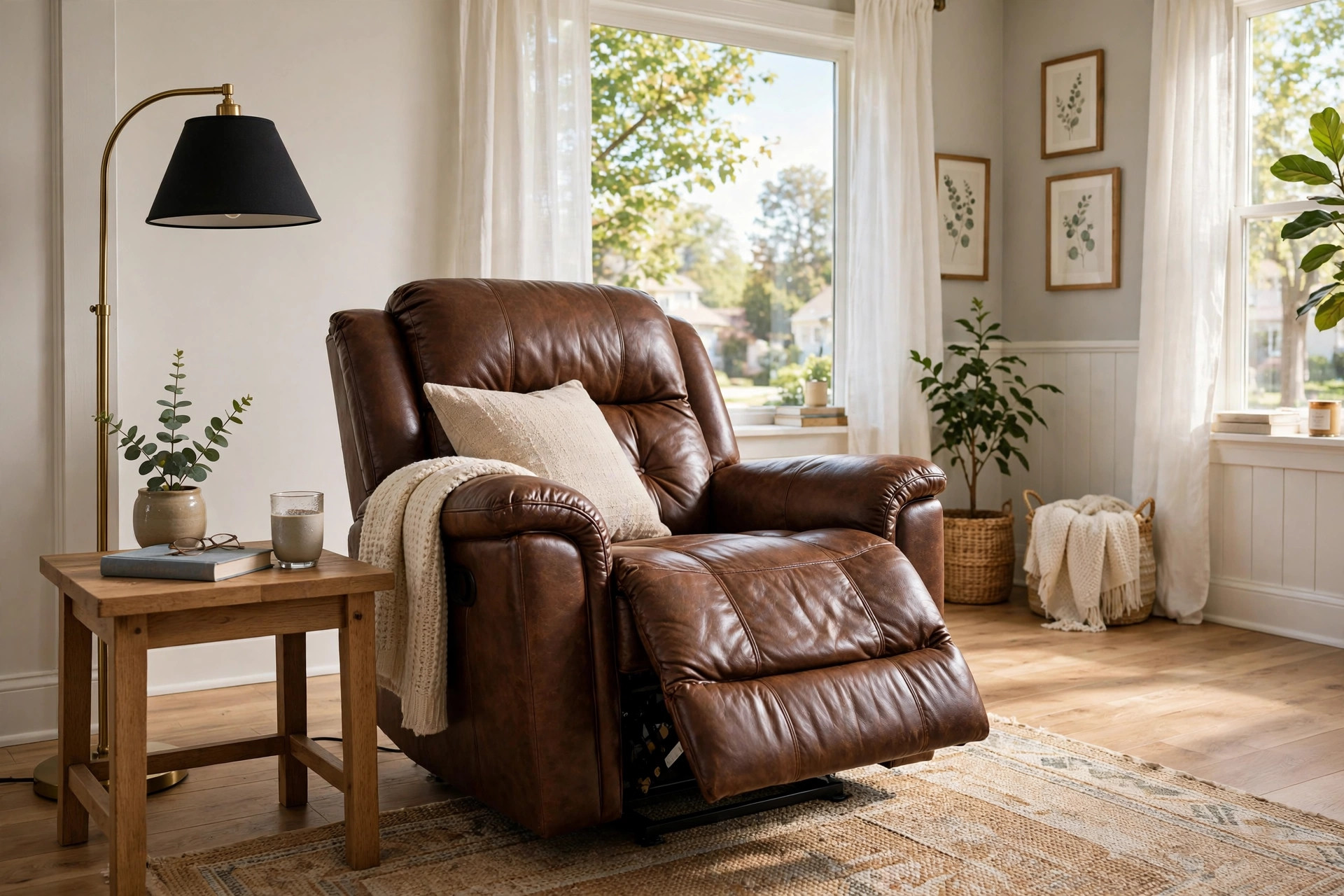 leather recliner chairs for sale usa: A brown leather recliner chair in a bright American living room