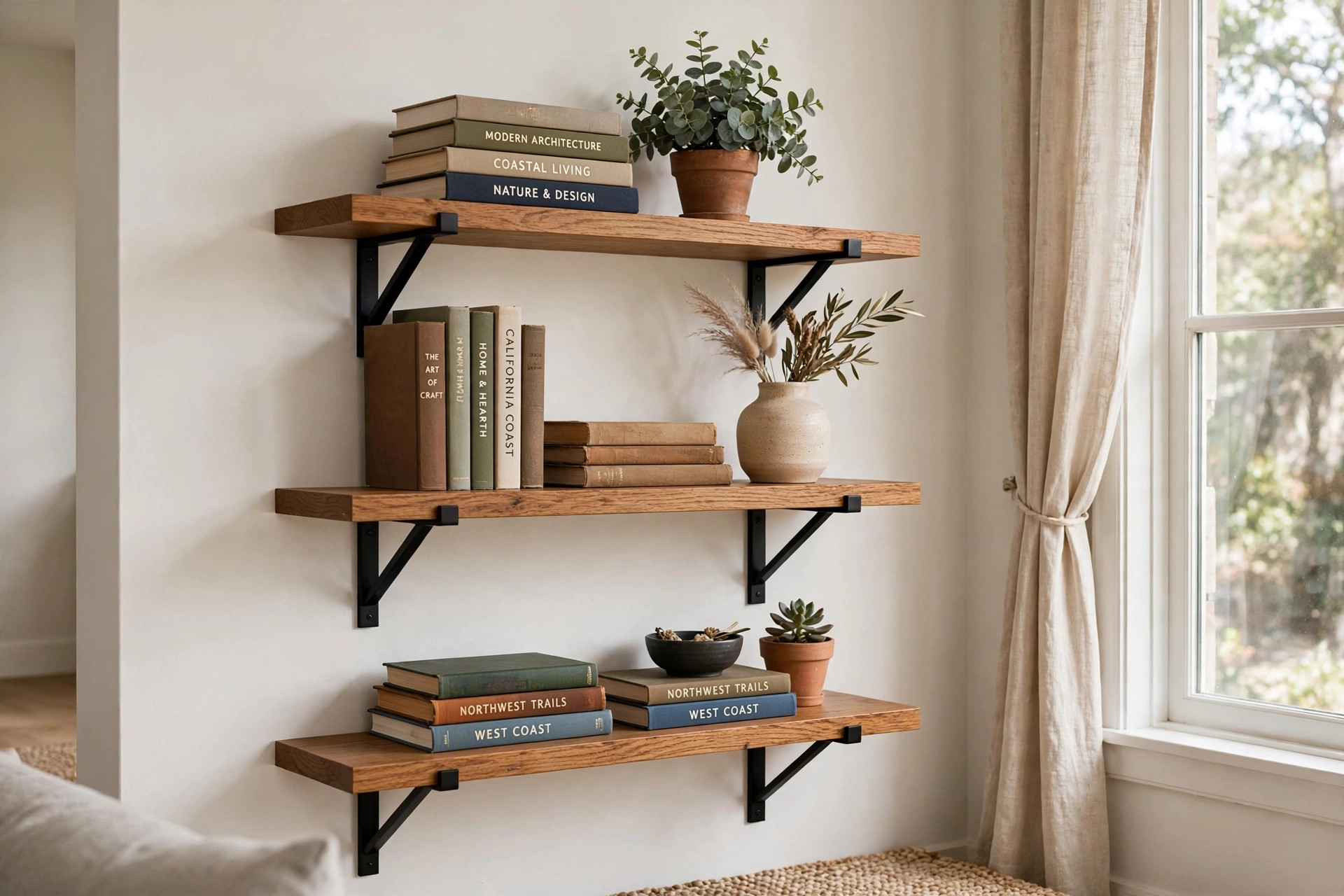 Modern wall bookshelves for sale USA in a styled living room