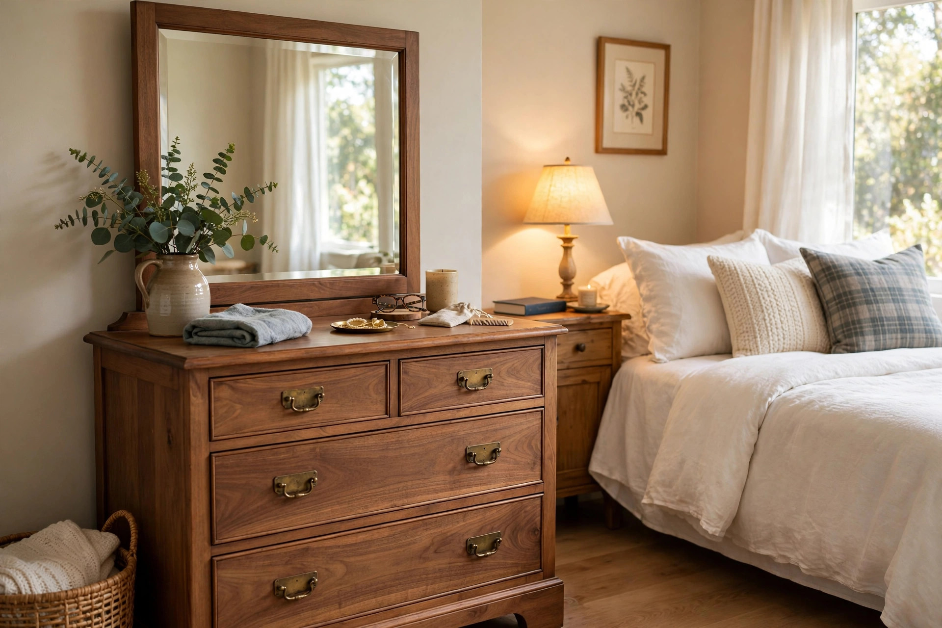 bedroom dressers mirror for sale usa: Bedroom dresser with attached mirror in an American bedroom