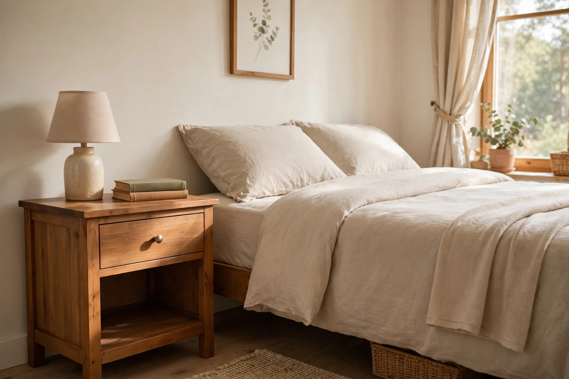 bedroom side tables for sale usa: A wooden bedroom side table with a small lamp next to a bed in a cozy American bedroom