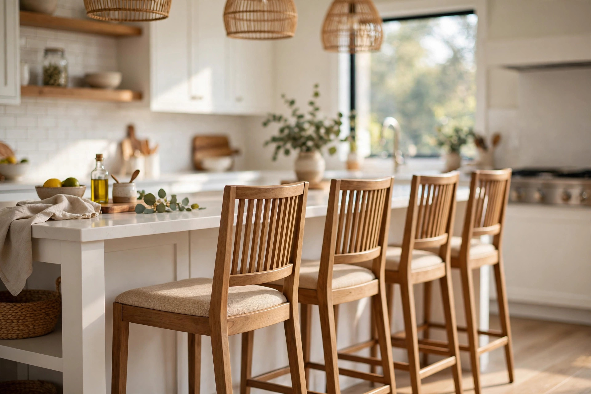 kitchen island stools for sale usa: Four kitchen island stools at a white kitchen island counter