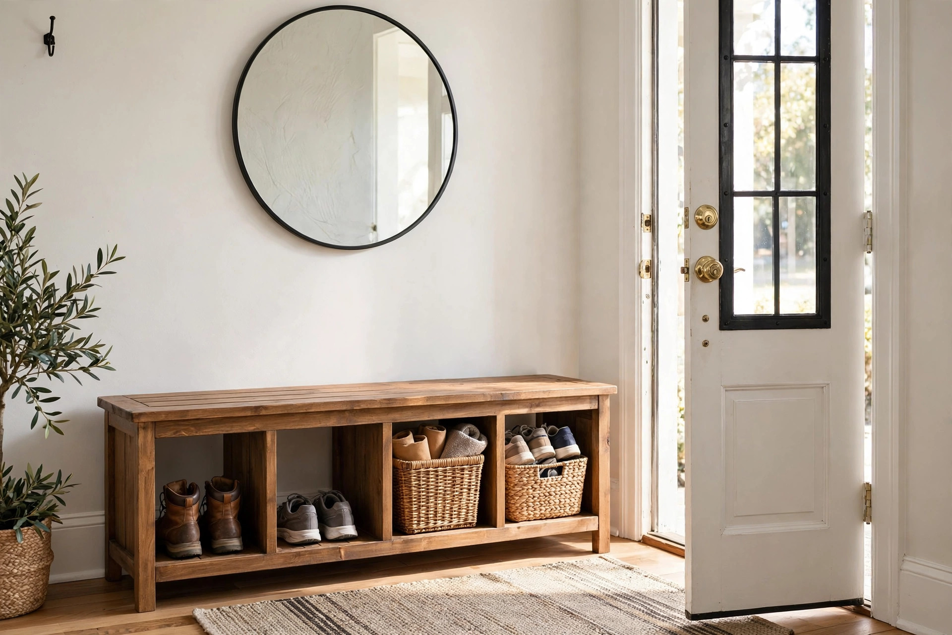 entryway storage benches for sale usa: Entryway storage bench with woven baskets in a bright American home foyer