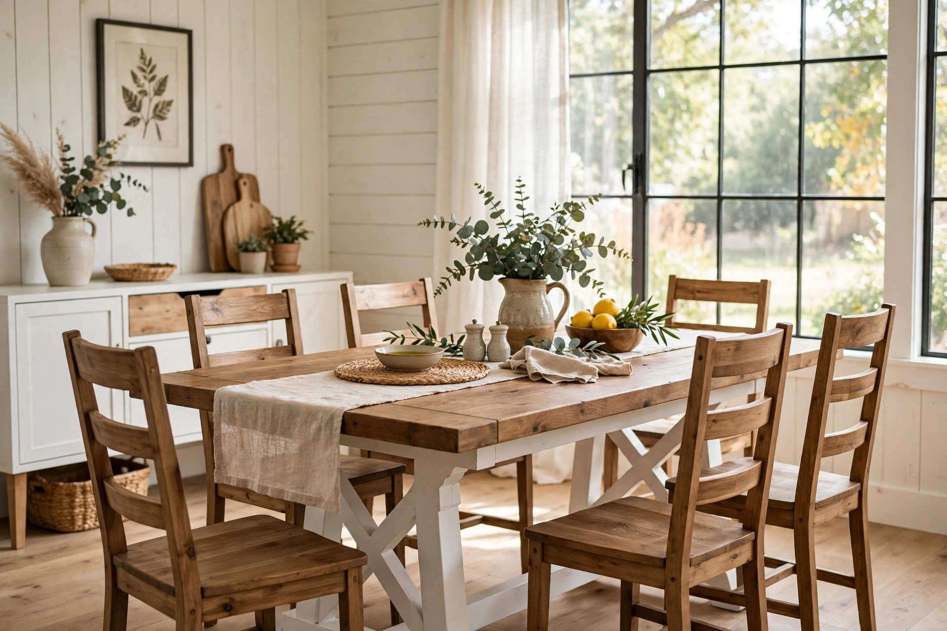 modern farmhouse tables deals near me: Modern farmhouse dining table with white legs in a bright home