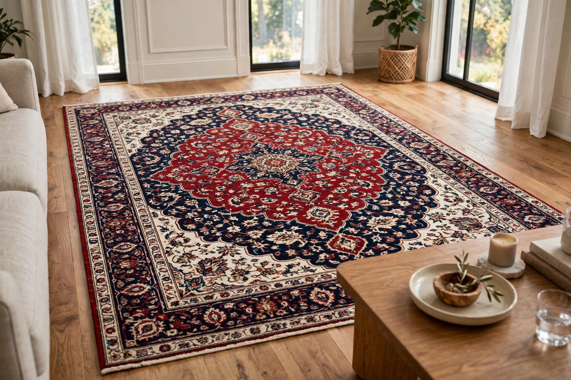 luxury area rugs deals near me: A luxury area rug on the floor of a bright American living room