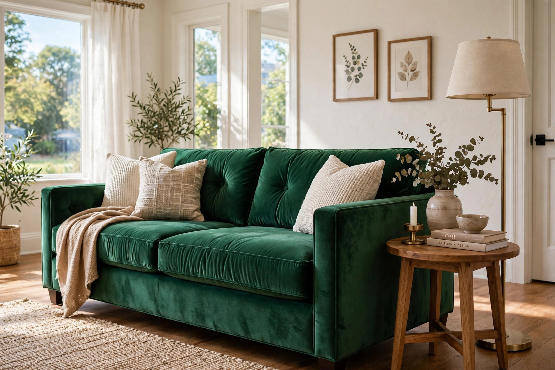 velvet living sofas deals near me: Emerald green velvet sofa in a bright American living room