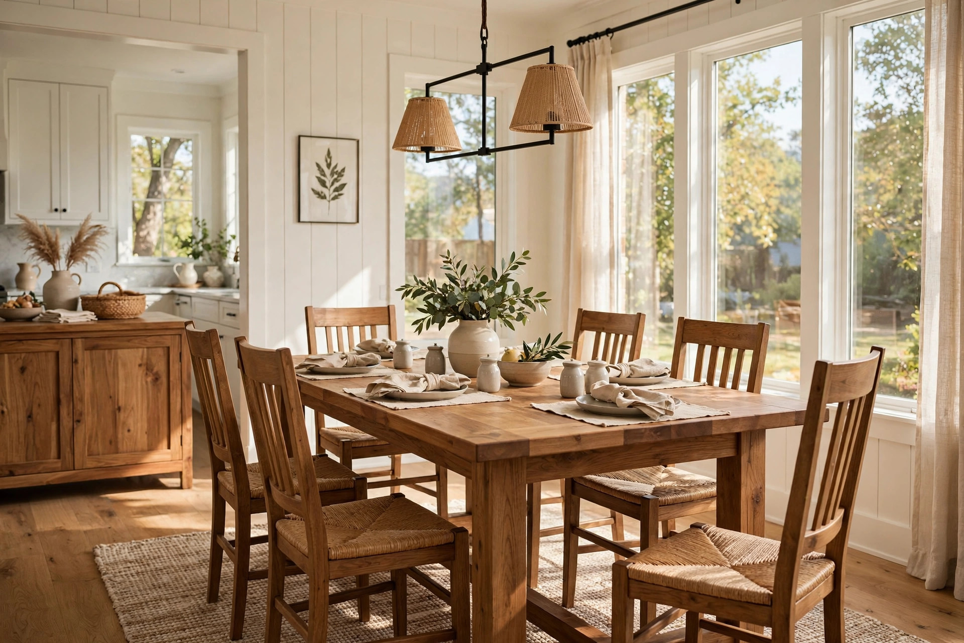 Dining room sets deals near me: a solid wood table and six chairs in a bright American dining room