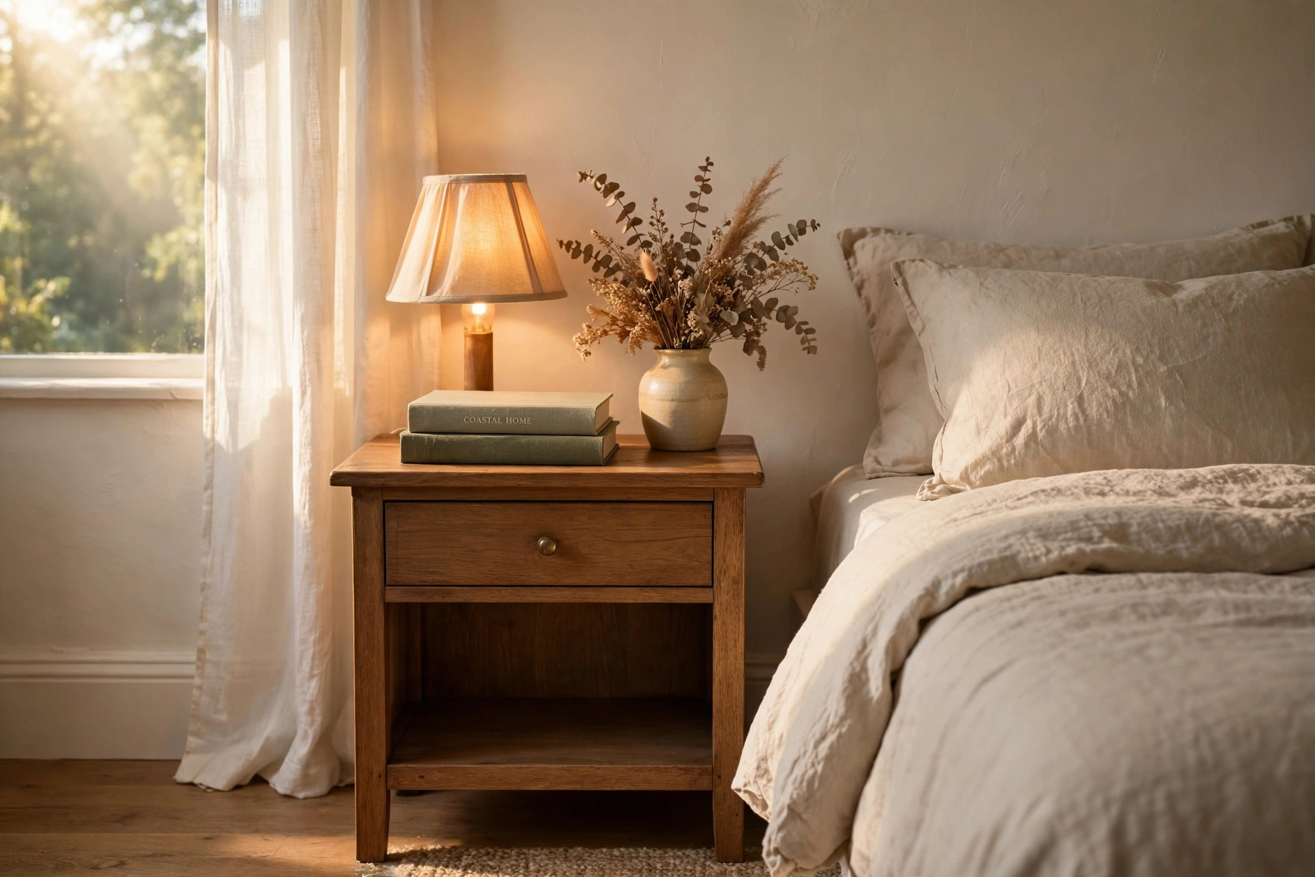 bedroom side tables deals near me: Bedroom side table nightstand with lamp beside a bed