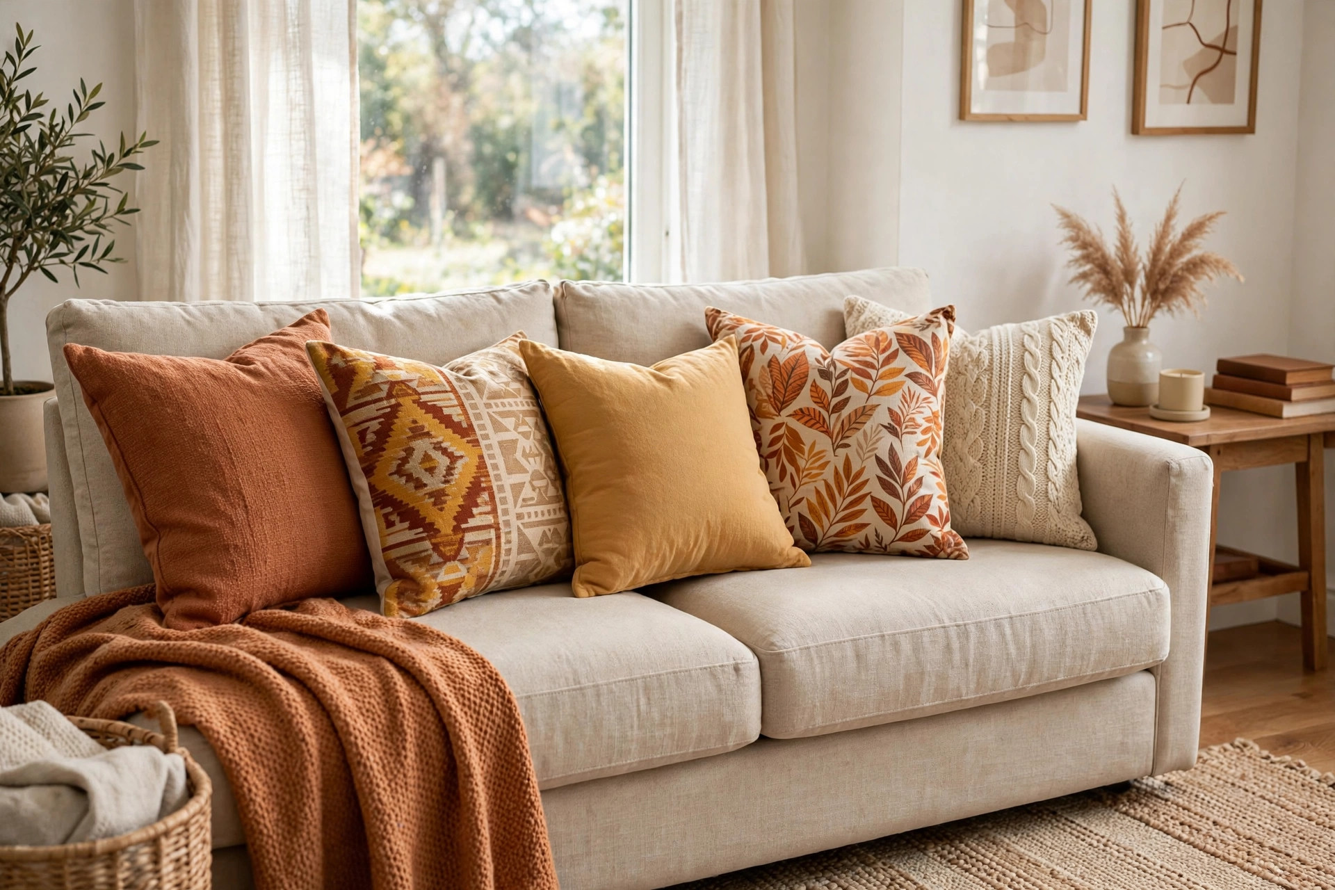 couch throw pillows deals near me: Couch throw pillows arranged on a sofa in a bright living room