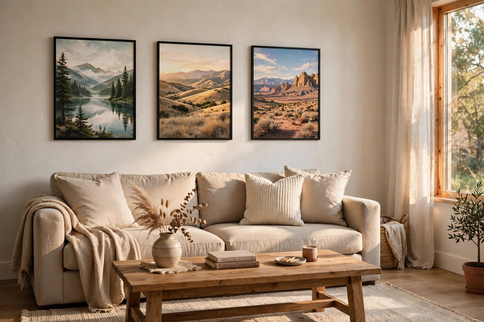 living room wall art deals near me: Framed wall art hanging above a sofa in a living room