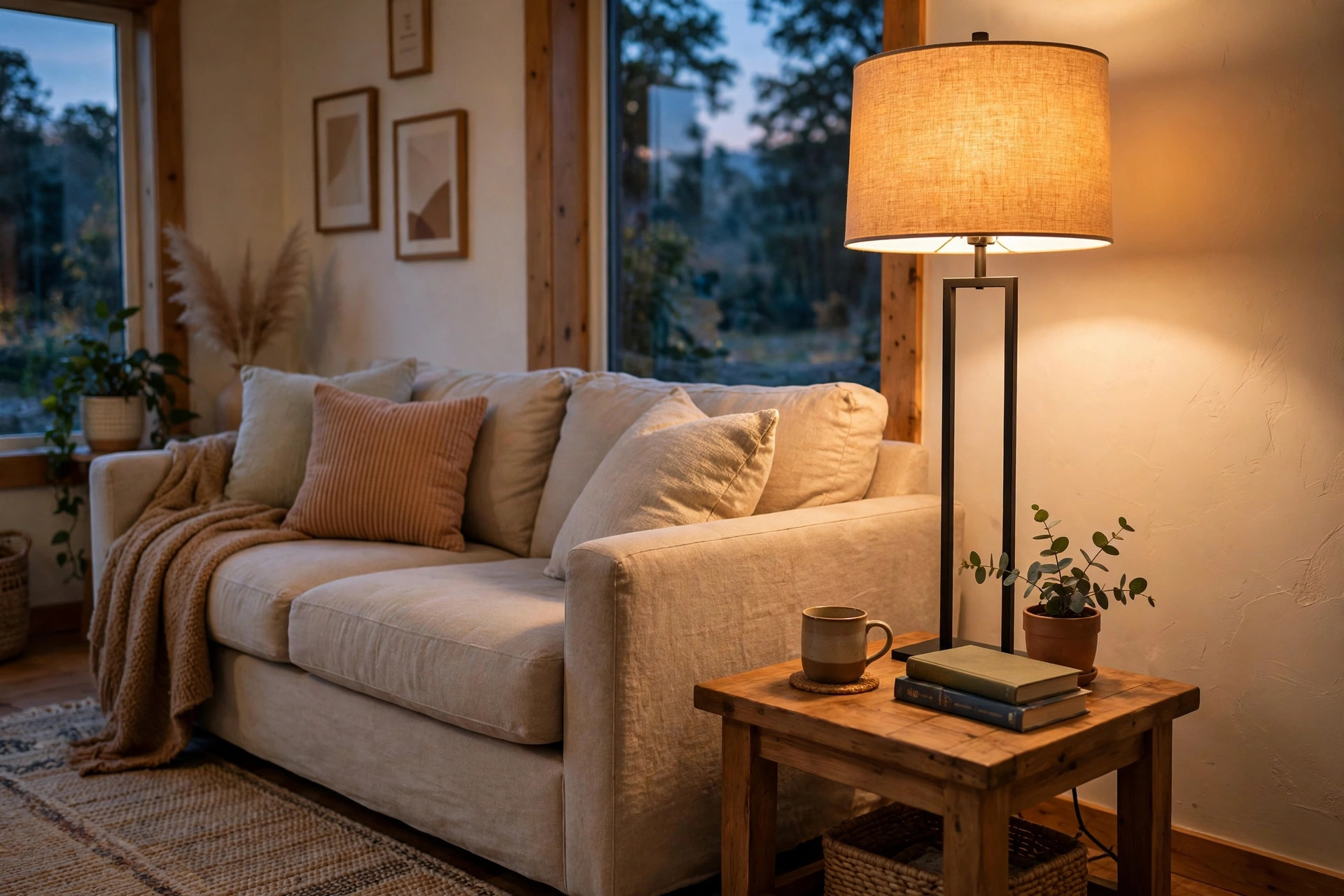living room floor lamps deals near me: Floor lamp glowing beside a sofa in a living room