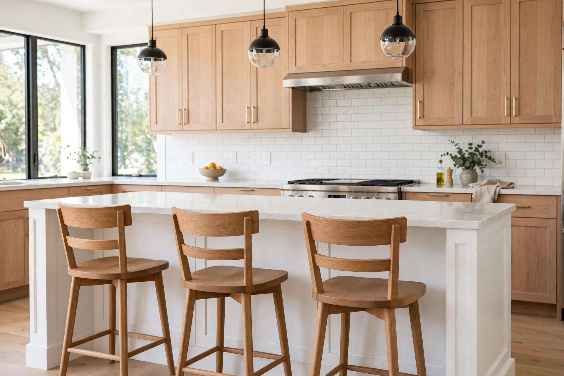 kitchen island stools deals near me: Kitchen island stools in a bright American kitchen