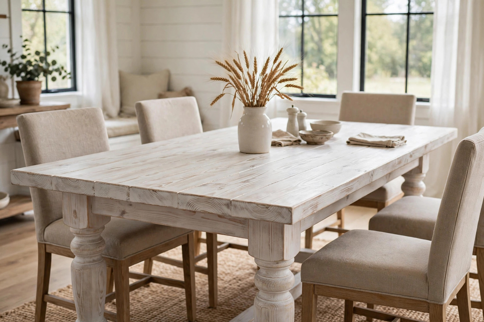 modern farmhouse tables reviews buying guide usa: Modern farmhouse dining table in a bright American dining room