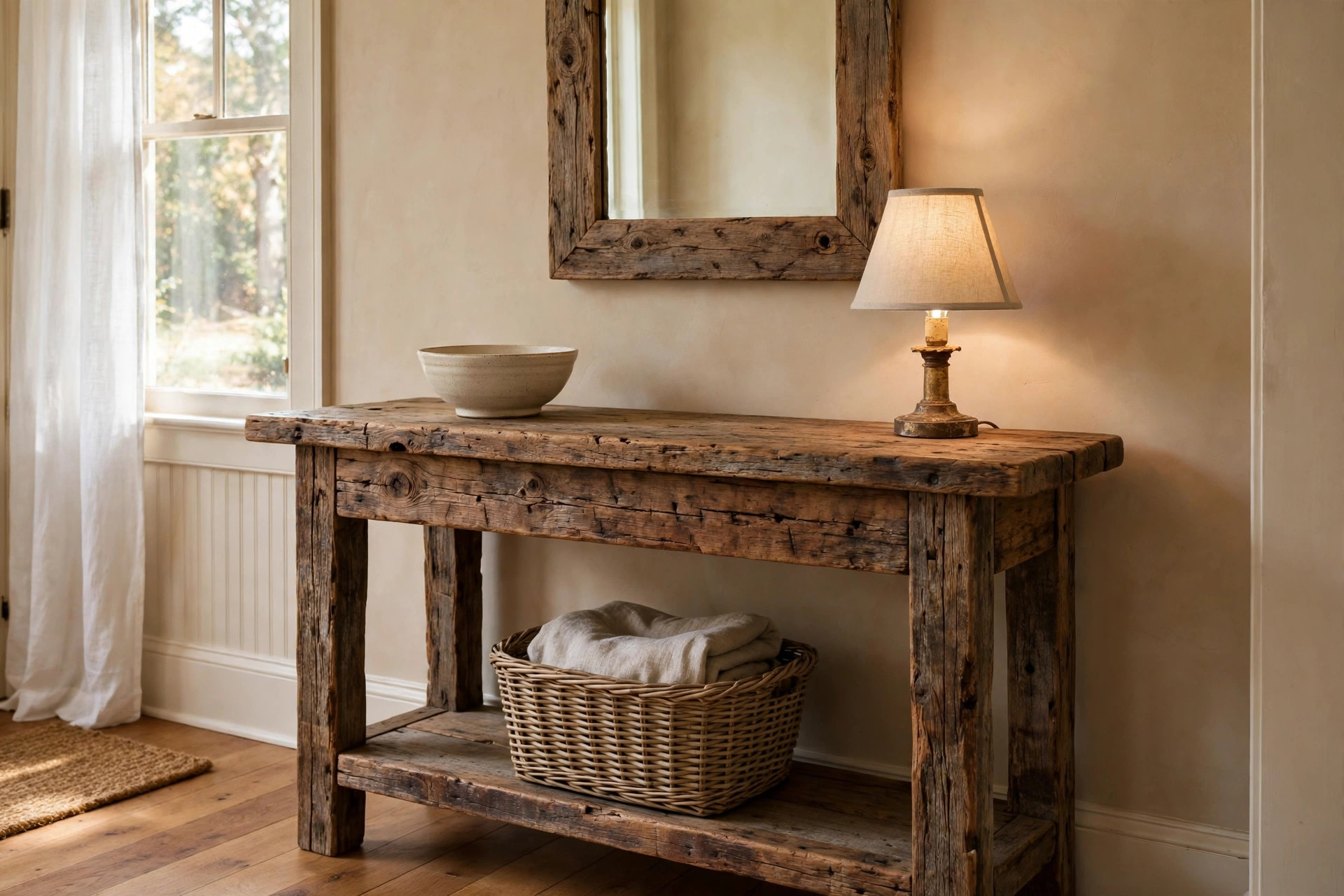 Rustic console tables reviews buying guide usa — reclaimed wood console table in an American entryway