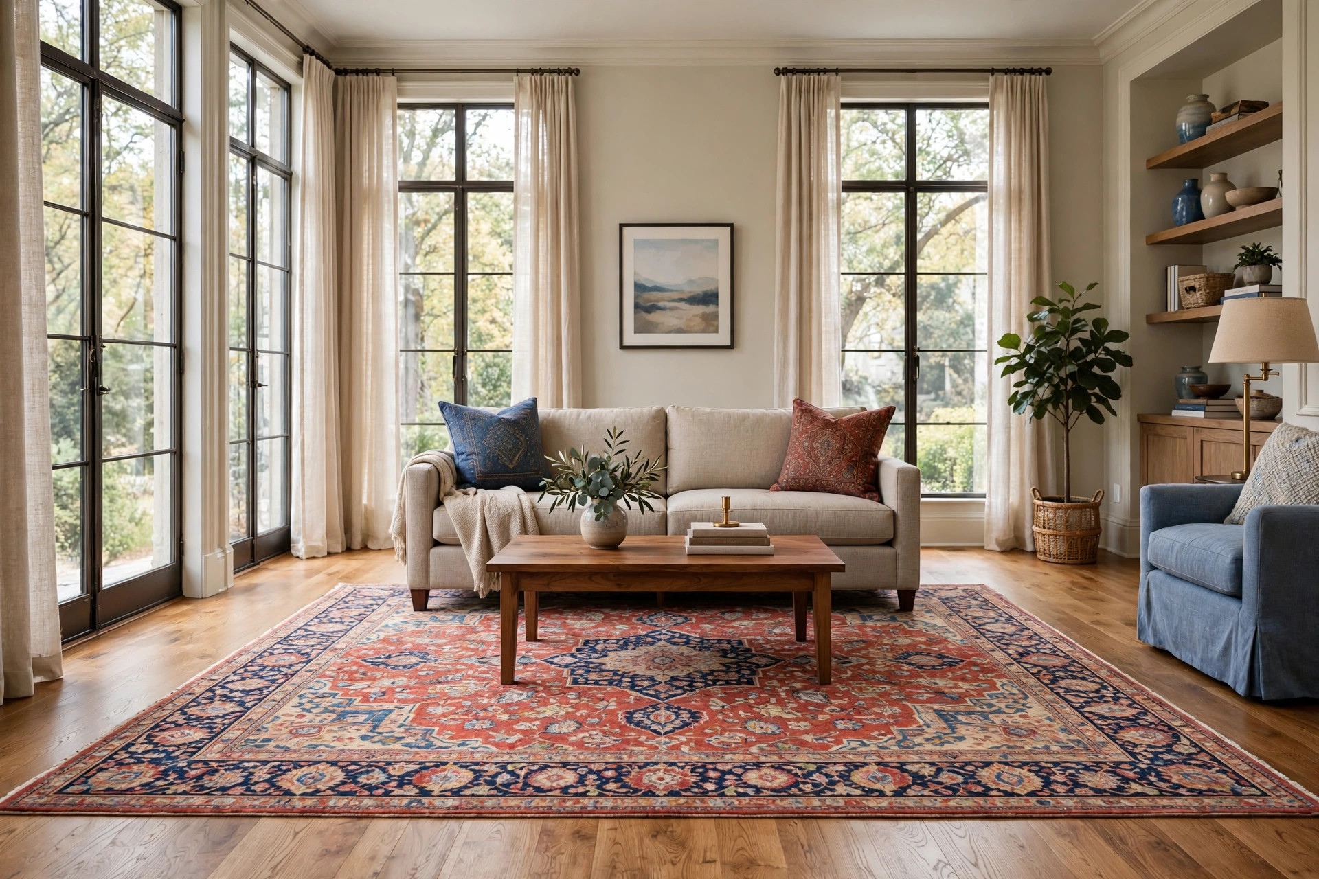 luxury area rugs reviews buying guide usa: Luxury area rug in a bright American living room with a sofa and coffee table