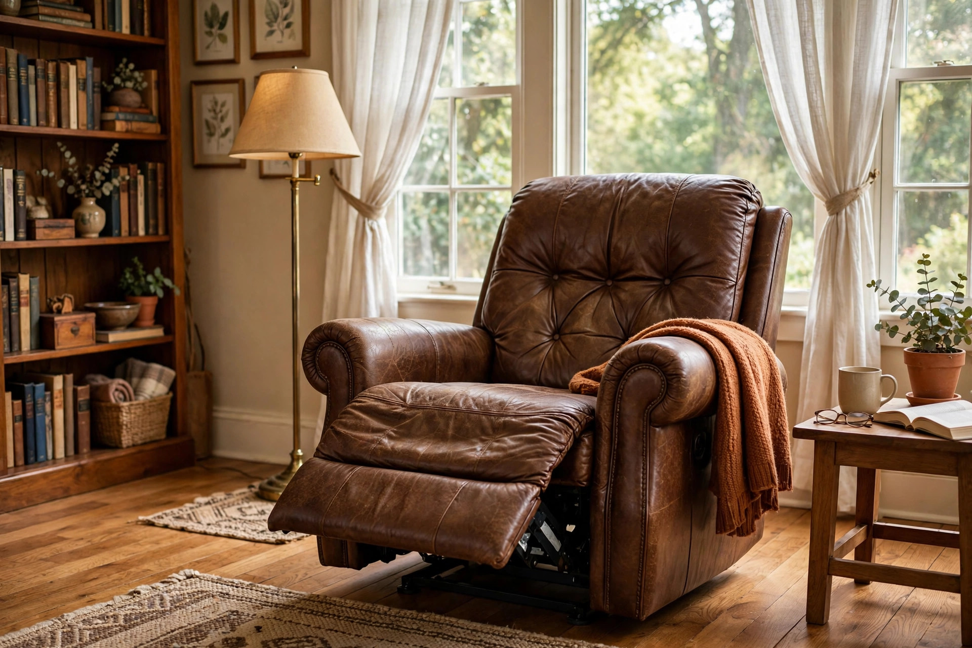 Leather recliner chair in a cozy American living room, featured in leather recliner chairs reviews buying guide usa