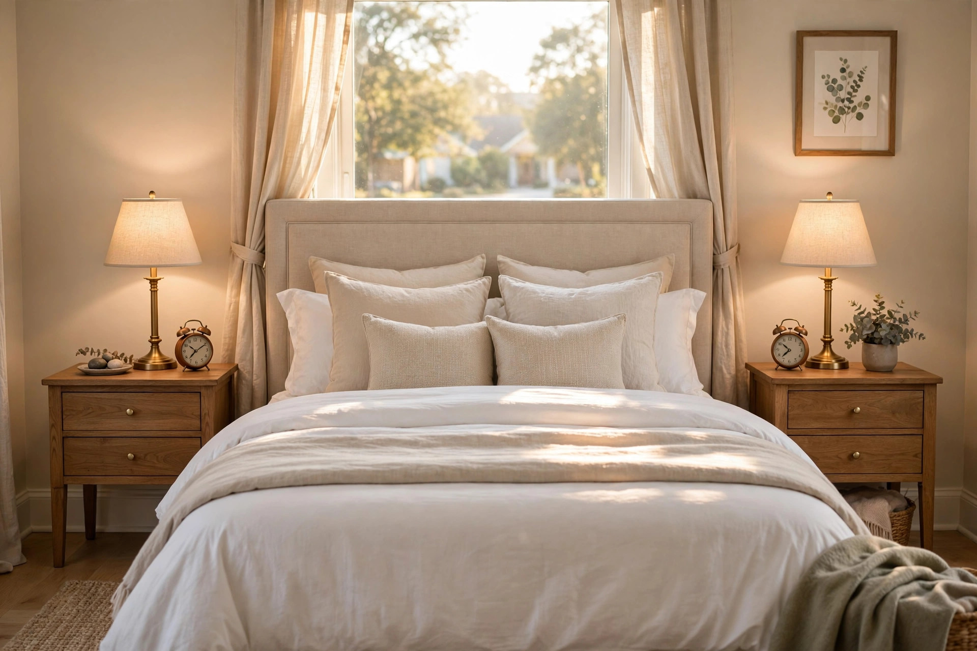 bedroom side tables reviews buying guide usa: Bedroom side tables on each side of a bed in a real American bedroom