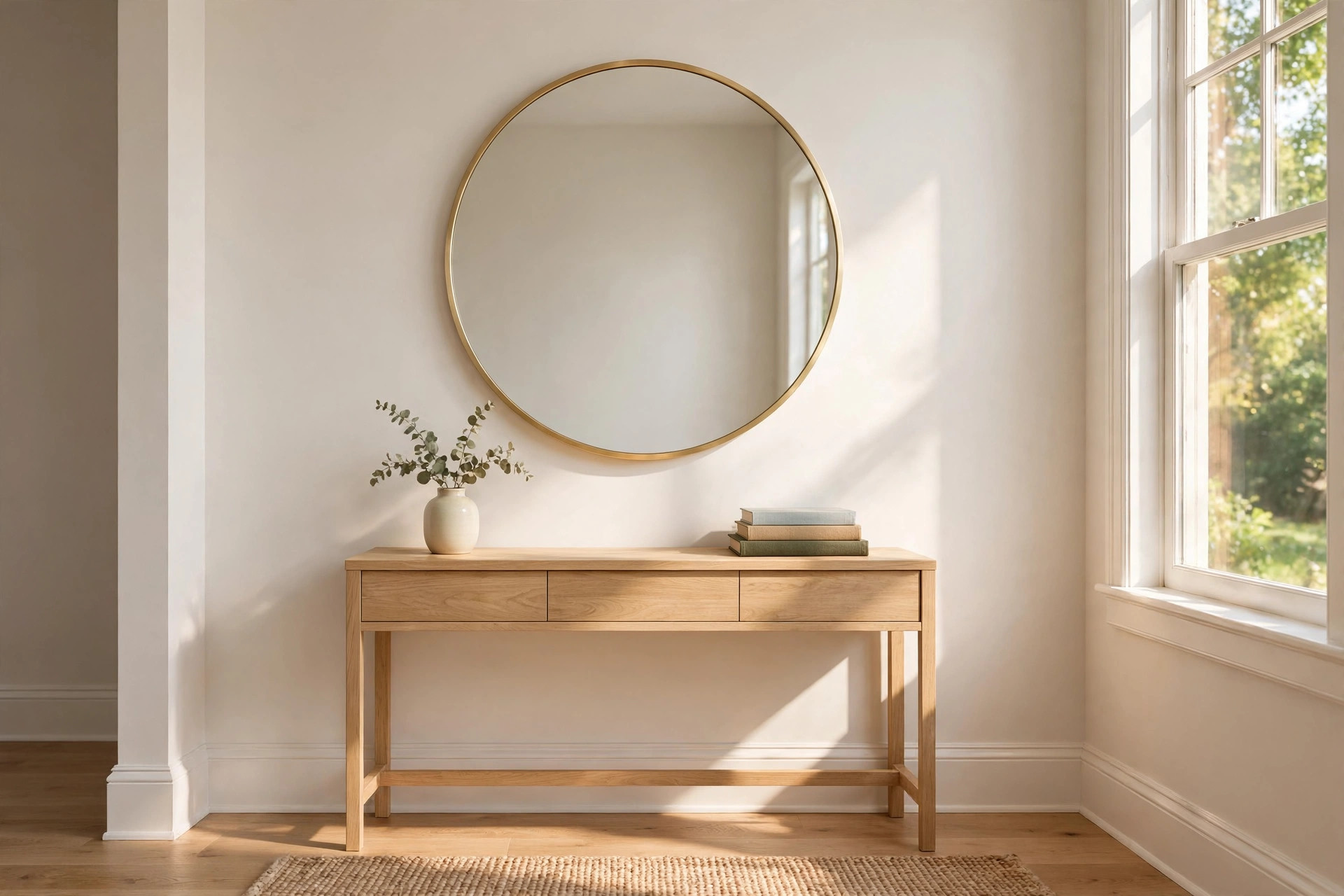 entryway decorative mirrors reviews buying guide usa: Entryway decorative mirror in a bright American foyer