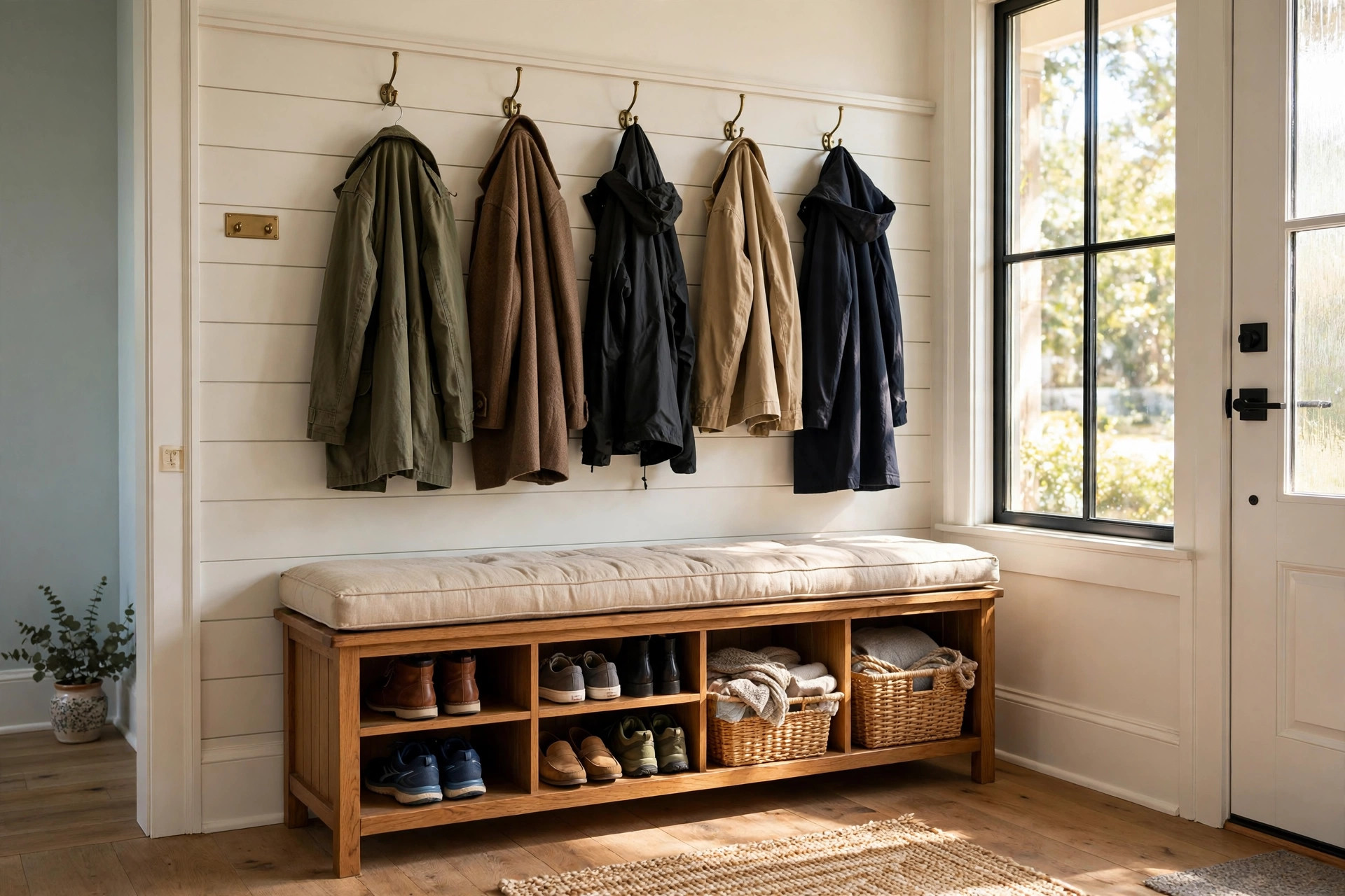entryway storage benches reviews buying guide usa: Entryway storage bench with cubbies holding shoes and baskets in an American front hall