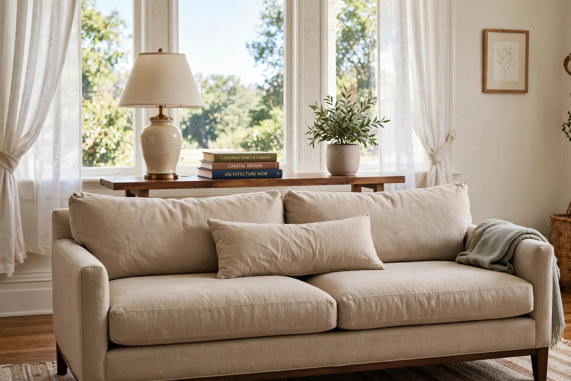 Sofa console table behind a couch in an American living room, sofa console tables reviews buying guide usa