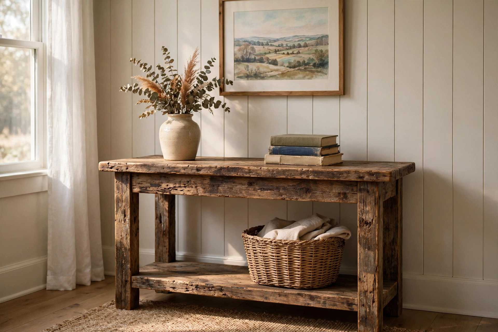 rustic console tables where to buy usa: Rustic console table with reclaimed wood in an American farmhouse entryway