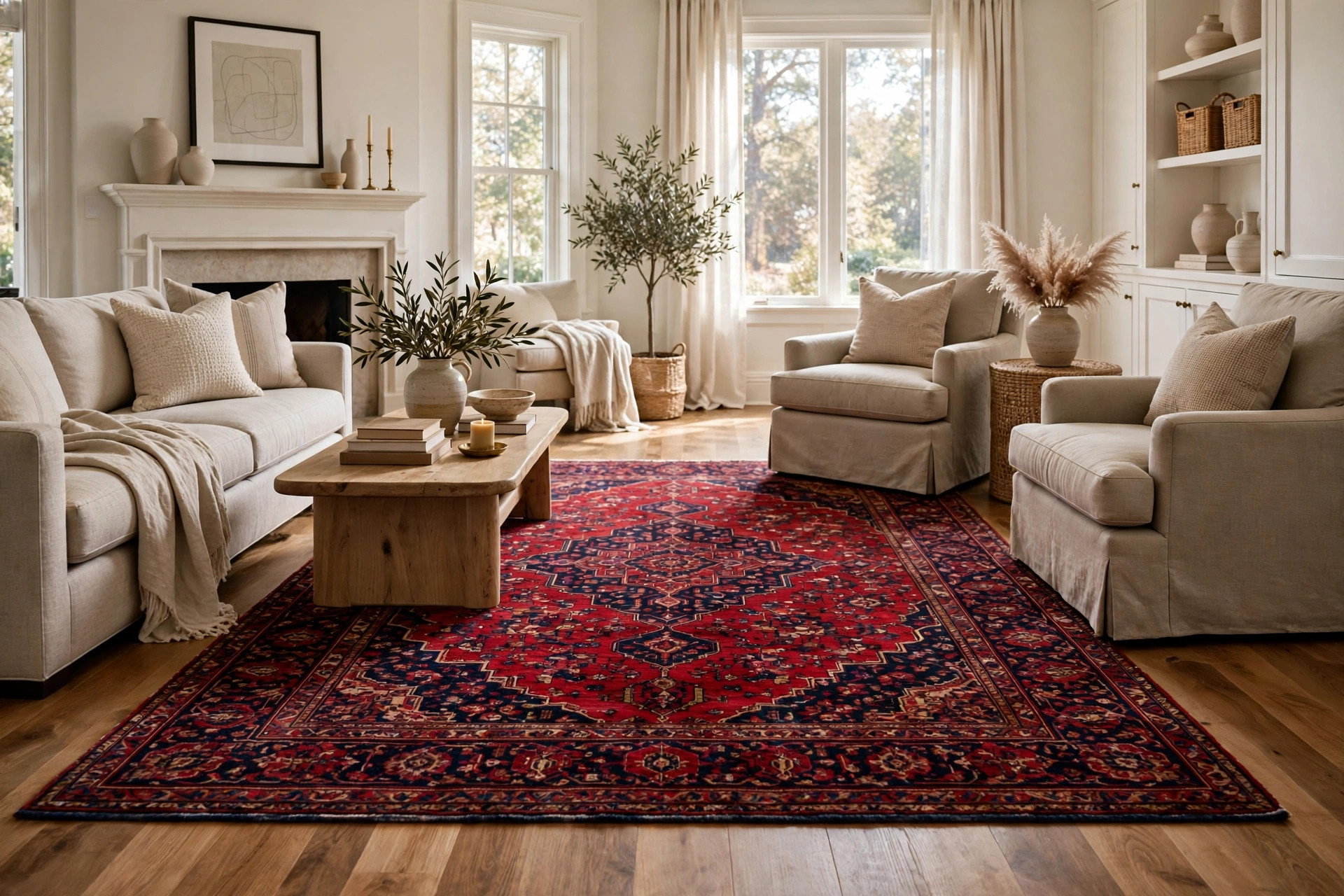 luxury area rugs where to buy usa: Hand-knotted luxury area rug in an elegant American living room