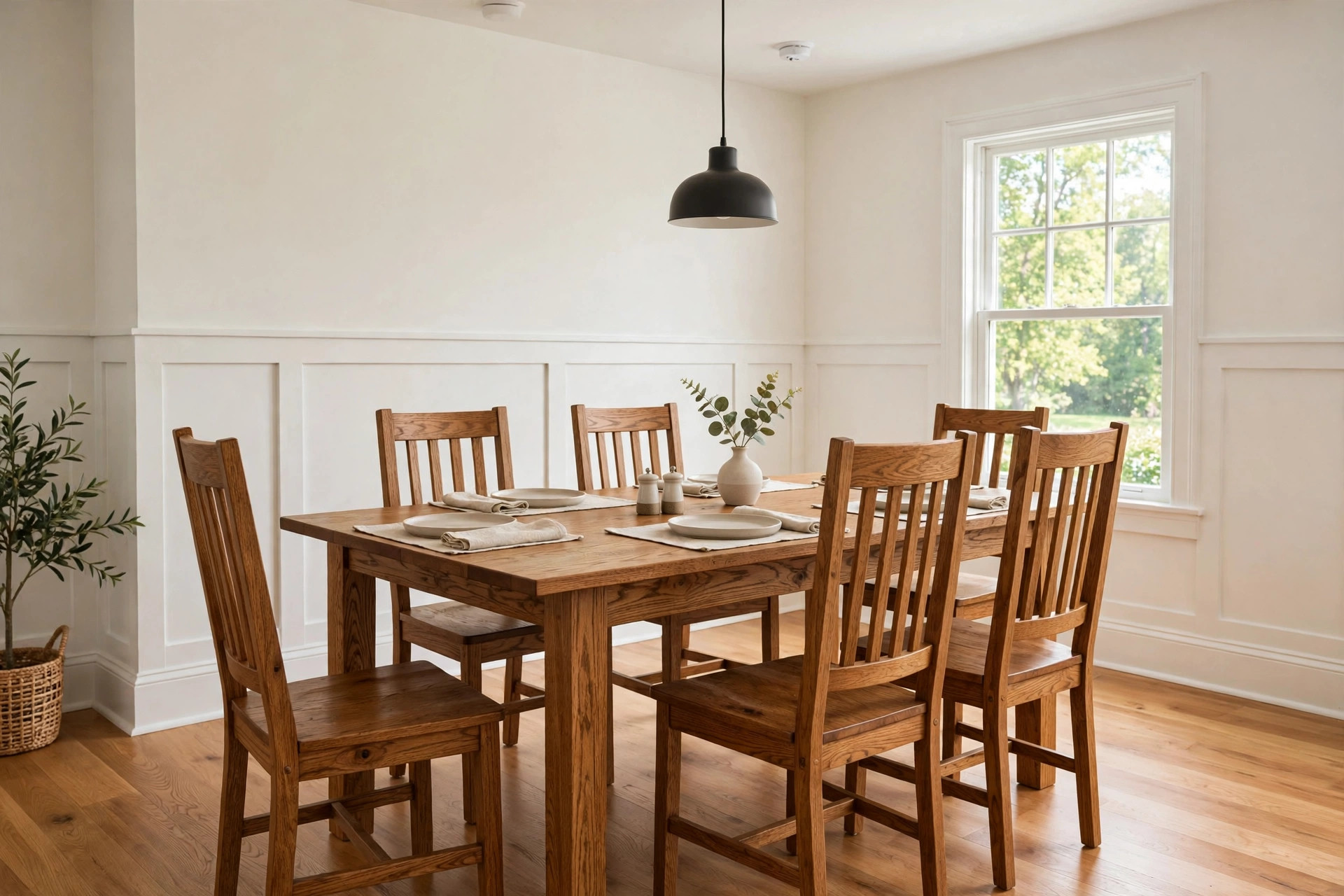 dining room sets where to buy usa: Wooden dining room set in an American dining room with six chairs
