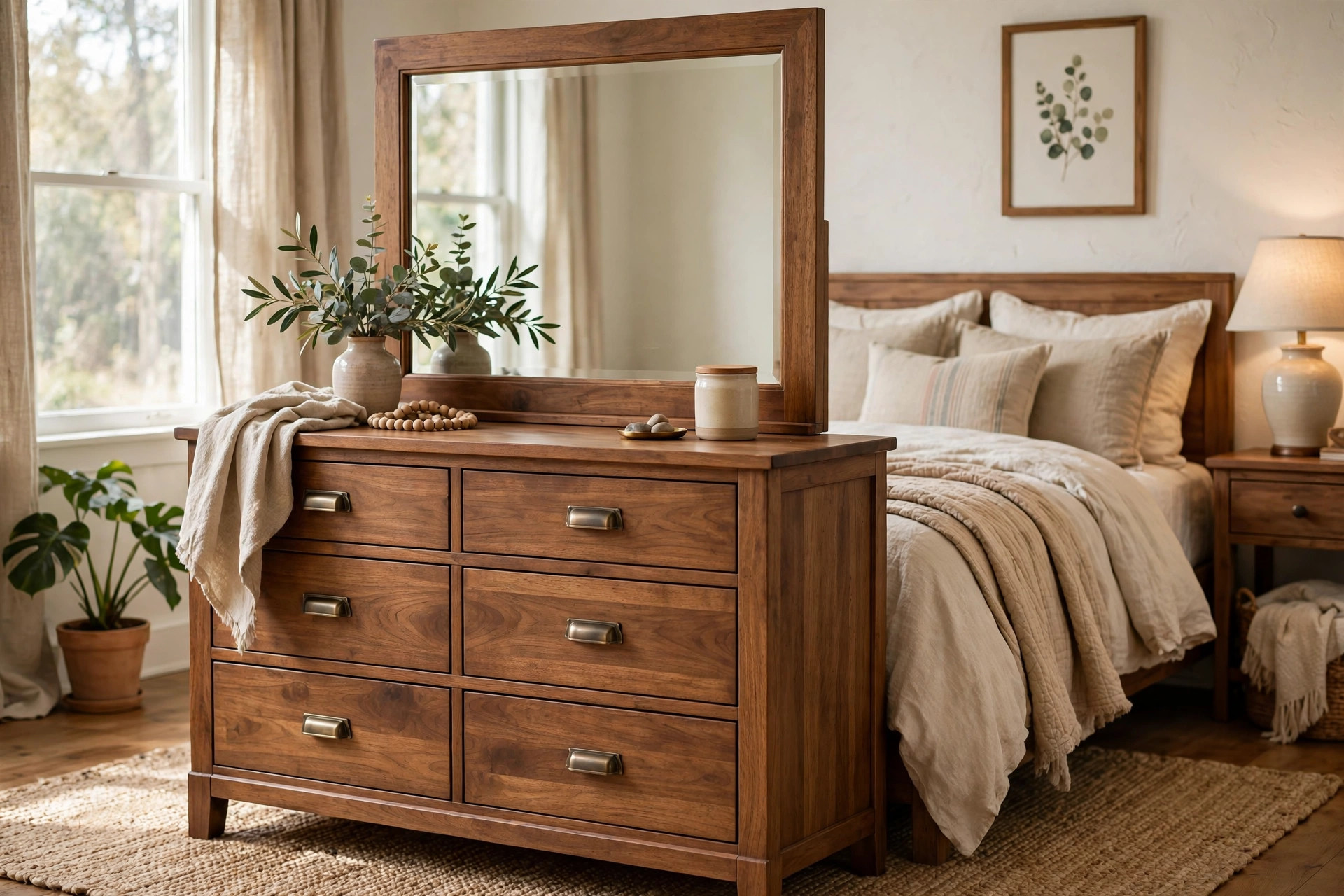 bedroom dressers mirror where to buy usa: Wooden bedroom dresser with attached mirror in a cozy American bedroom