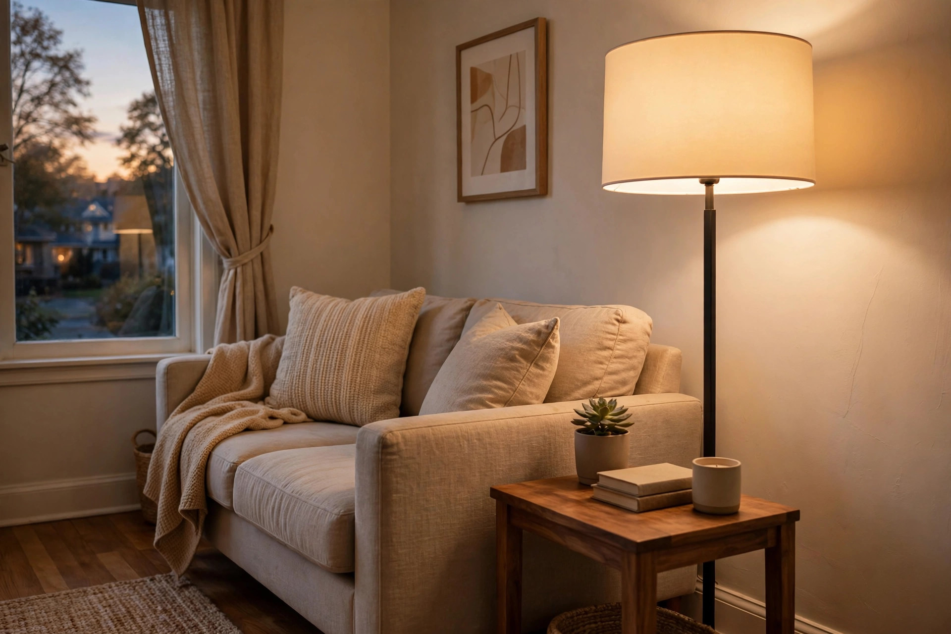living room floor lamps where to buy usa: Living room floor lamp beside a sofa in a bright American living room