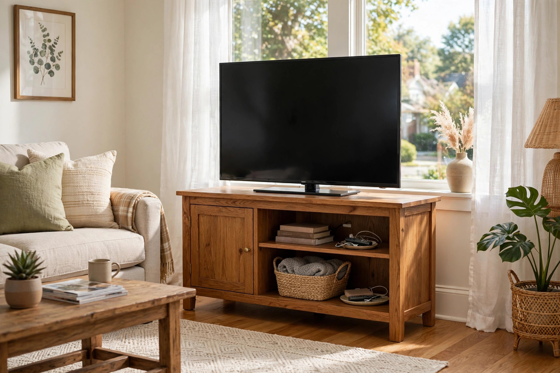 living room tv stands where to buy usa: A wooden TV stand holding a flat screen television in a bright living room, showing where to buy living room tv stands in usa