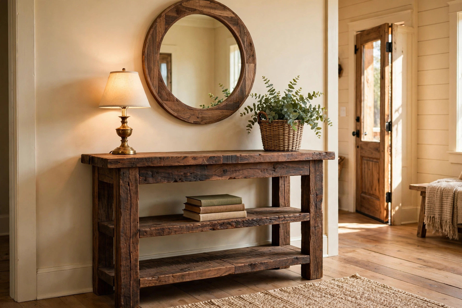 rustic console tables texas homes usa: Rustic console table in a Texas farmhouse entryway, styled with a mirror and lamp