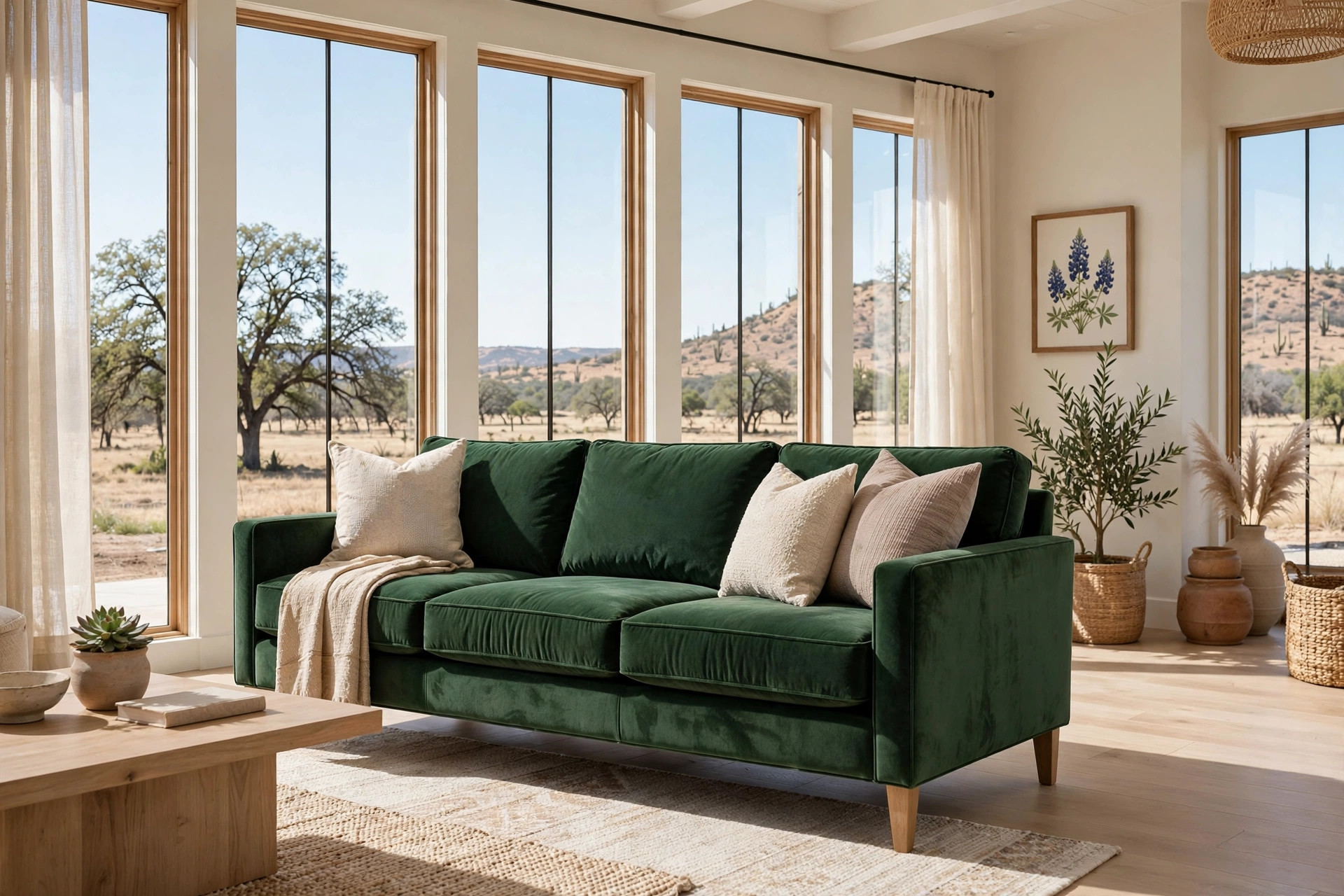 velvet living sofas texas homes usa: A deep green velvet sofa in a bright Texas living room