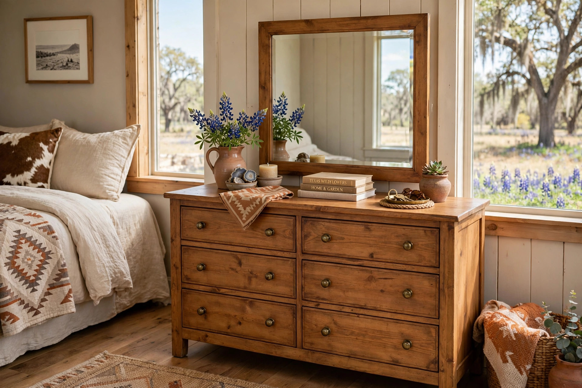 bedroom dressers mirror texas homes usa: Bedroom dresser with a mirror in a warm Texas-style bedroom