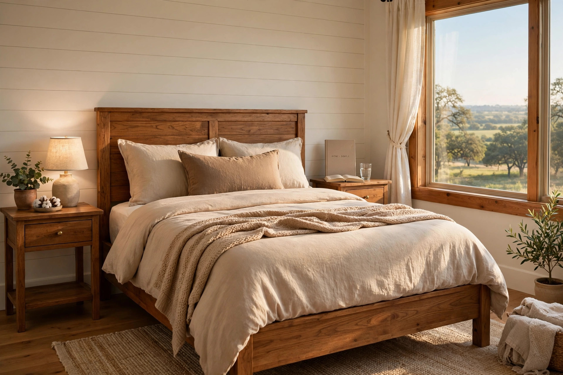 bedroom side tables texas homes usa: Wooden side tables on each side of a bed in a Texas bedroom