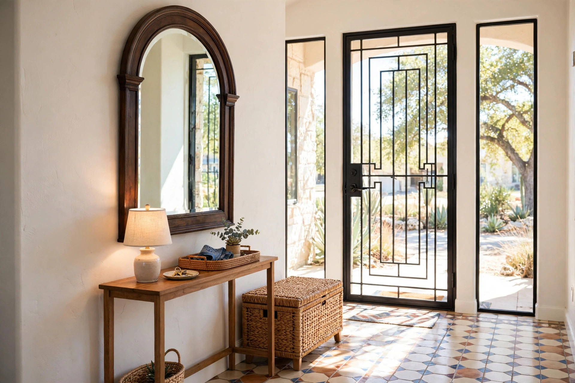 entryway decorative mirrors texas homes usa: A tall arched decorative mirror with a dark wood frame hanging in a bright Texas entryway above a slim console table