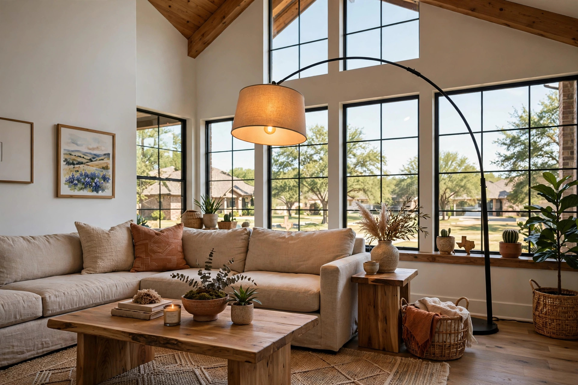 Living room floor lamps texas homes usa, arc lamp beside a sofa in a bright Texas living room