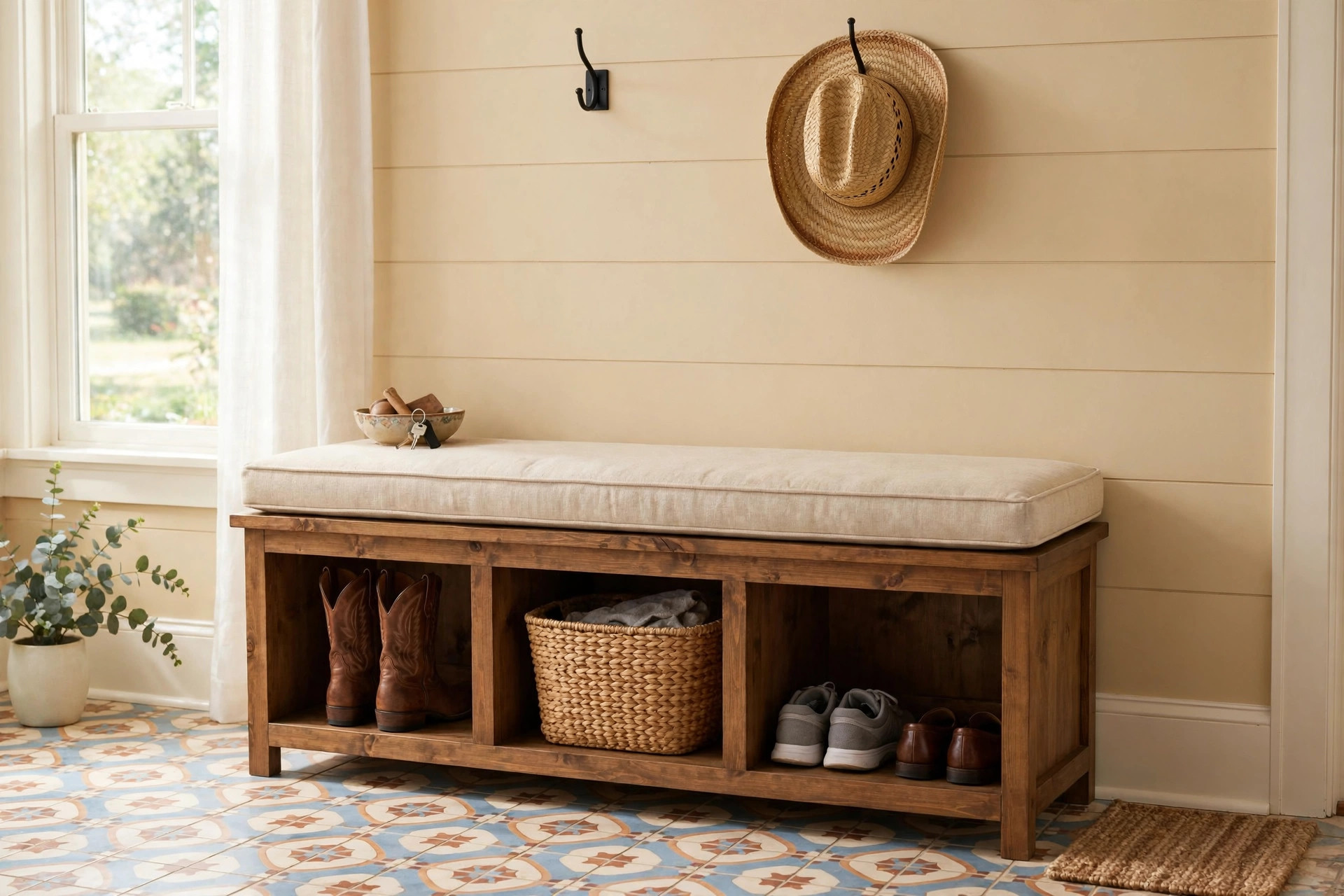 entryway storage benches texas homes usa: Wooden entryway storage bench with cubbies in a Texas home foyer