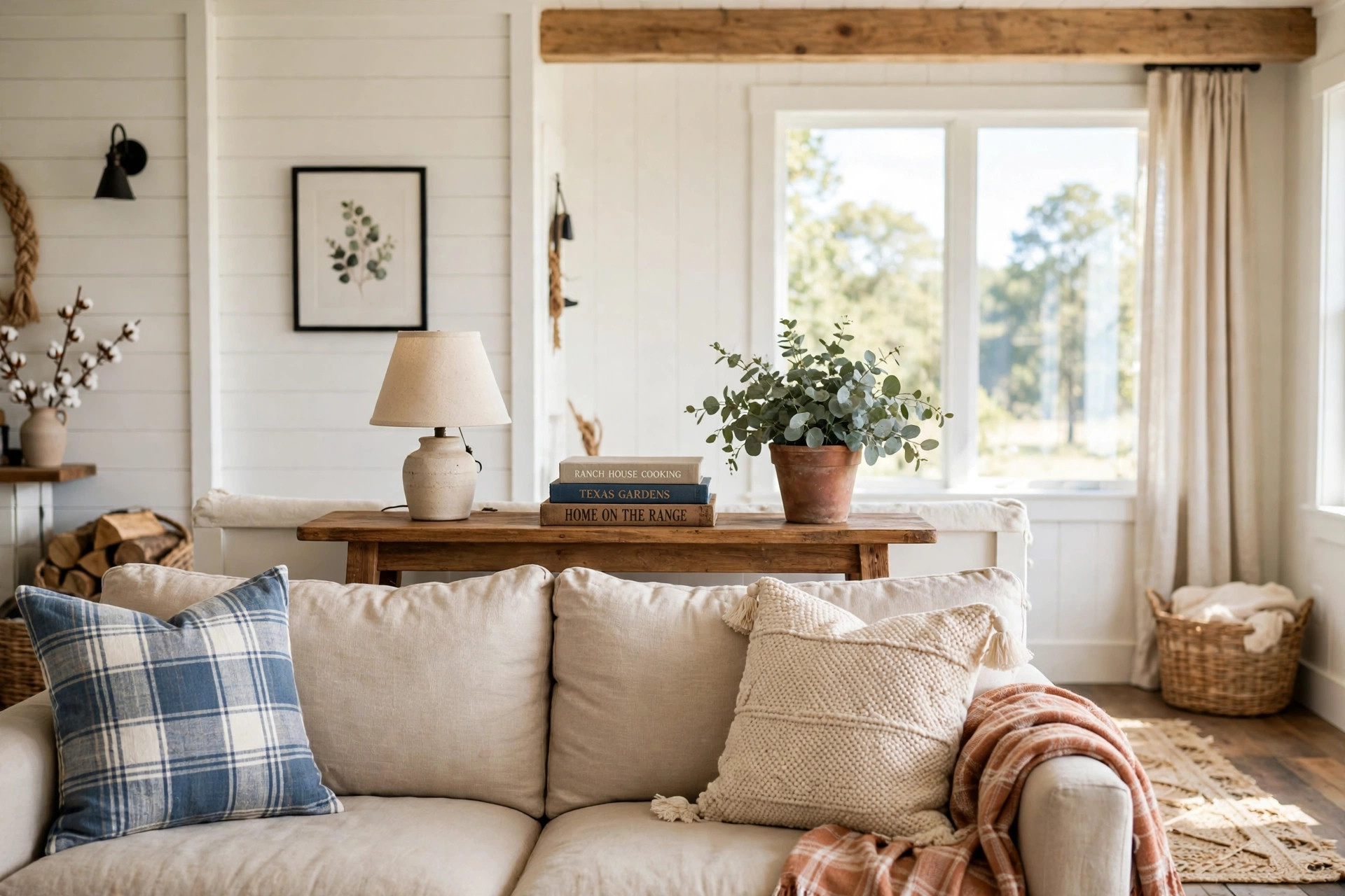 sofa console tables texas homes usa: Sofa console table behind a couch in a bright Texas-style living room