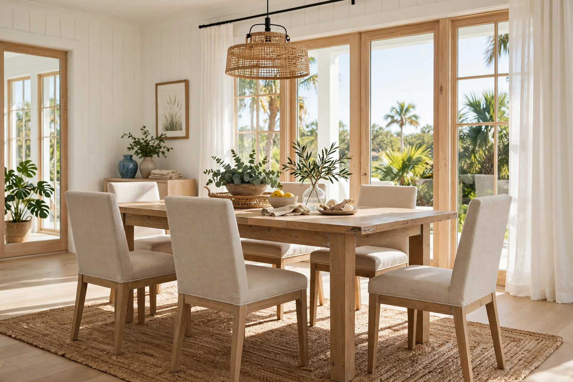 modern farmhouse tables florida homes usa: A modern farmhouse dining table in a bright Florida home