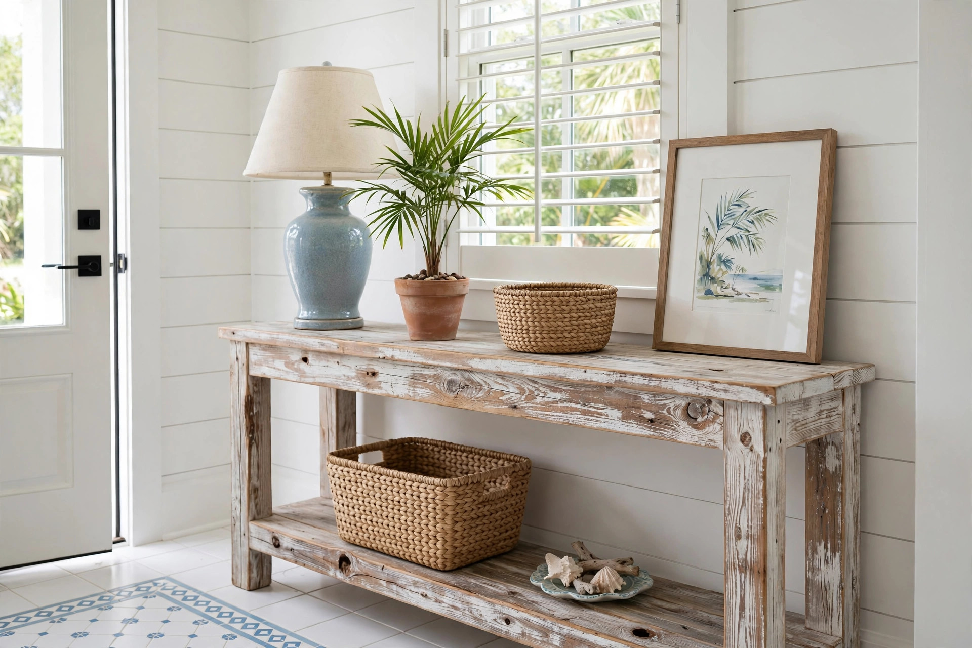 rustic console tables florida homes usa: Rustic console table in a Florida home entryway