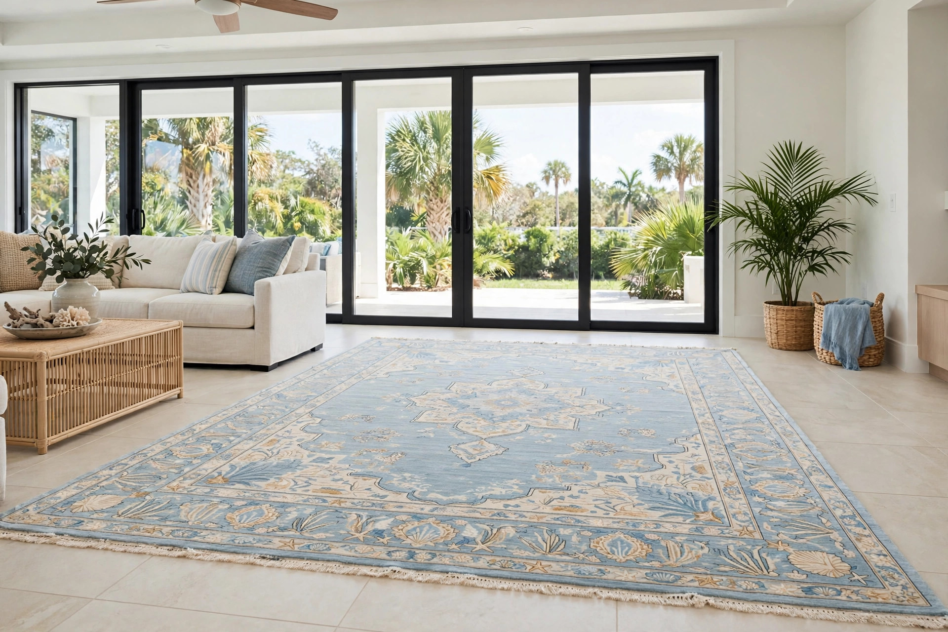 luxury area rugs florida homes usa: Luxury area rug in a bright Florida living room