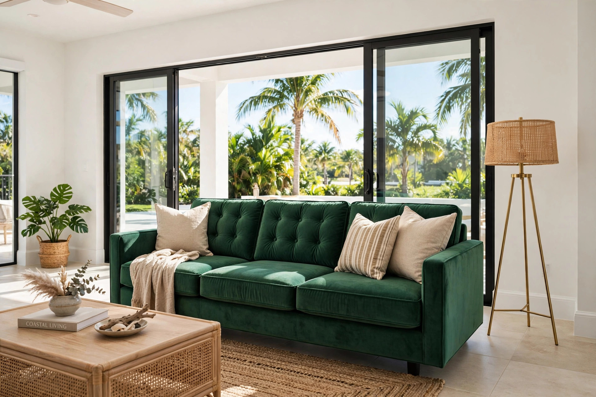 velvet living sofas florida homes usa: Velvet living sofa in a bright Florida living room