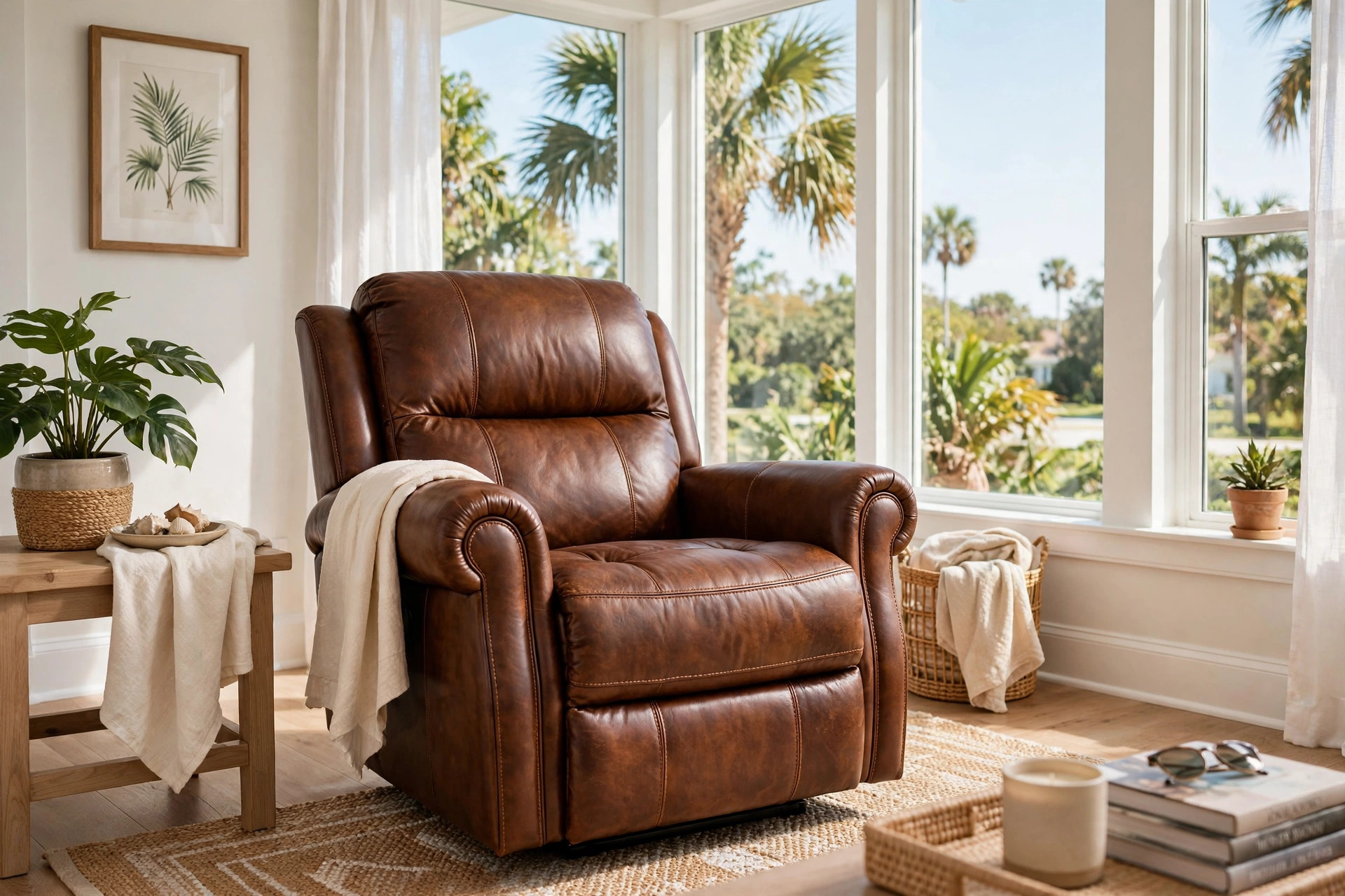 Leather recliner chair in a Florida living room, one of the finest leather recliner chairs florida homes usa shoppers can choose