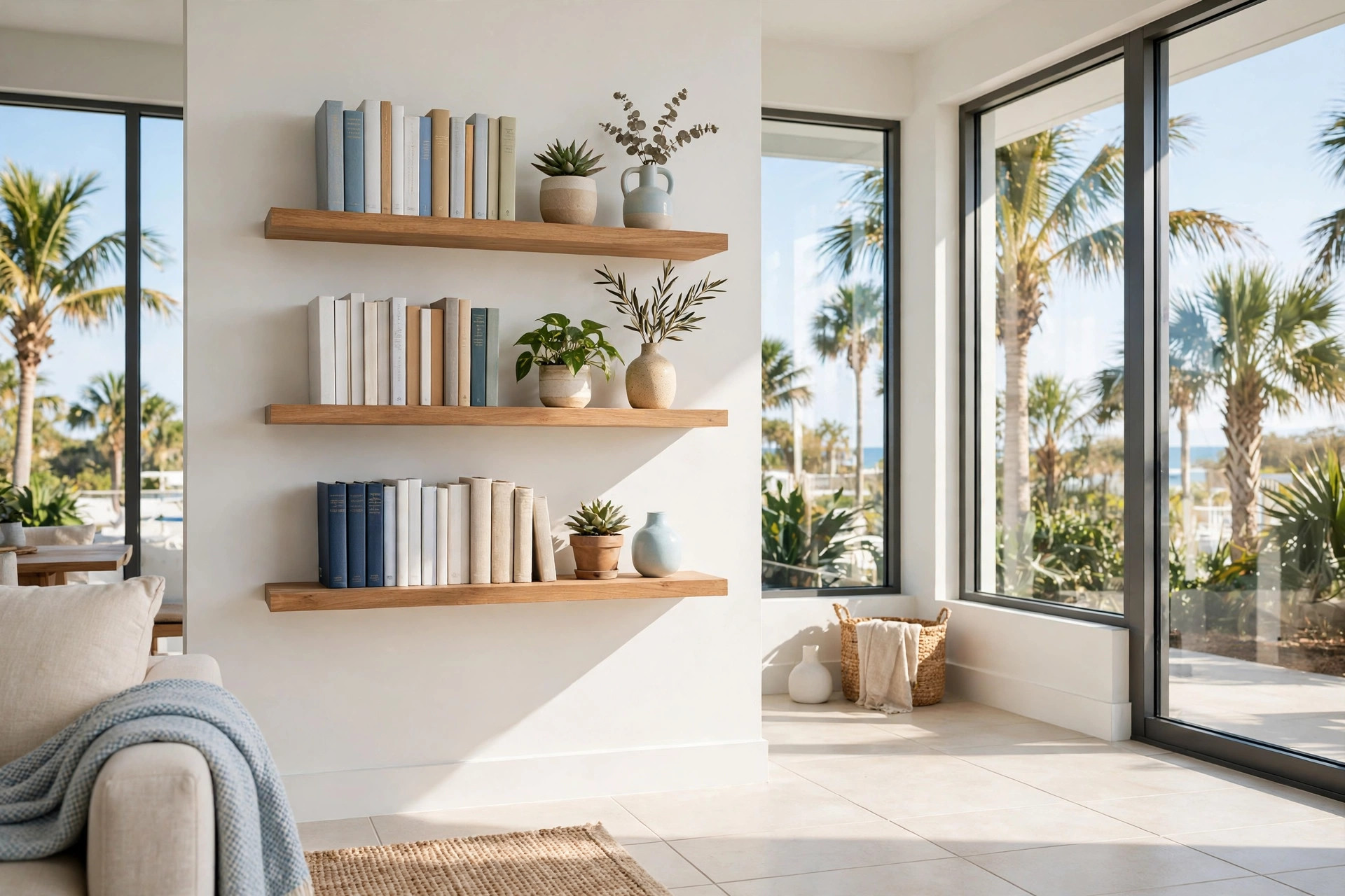 Modern wall bookshelves florida homes usa styled in a bright living room