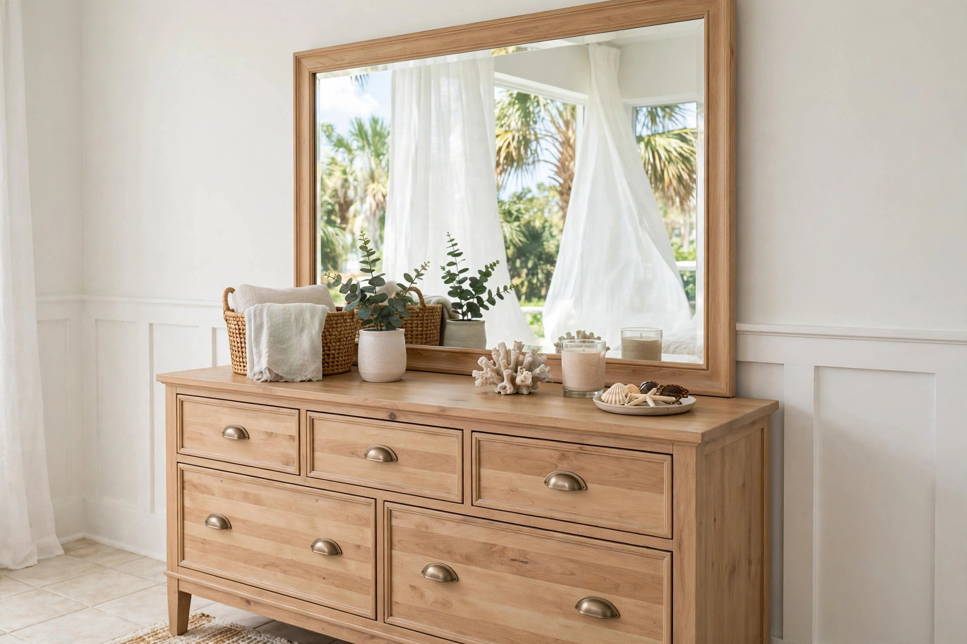 bedroom dressers mirror florida homes usa: Bedroom dresser with attached mirror in a bright Florida home