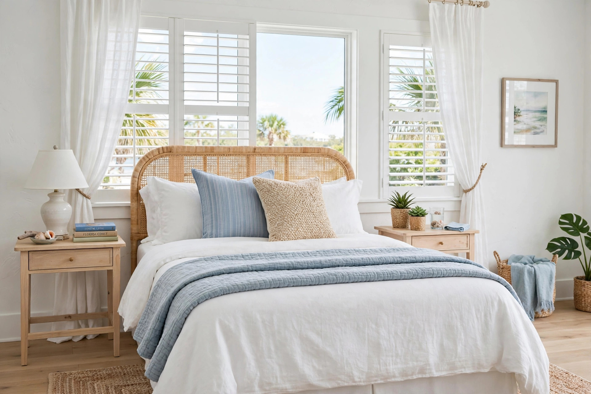 bedroom side tables florida homes usa: Bedroom side tables in a bright Florida home bedroom