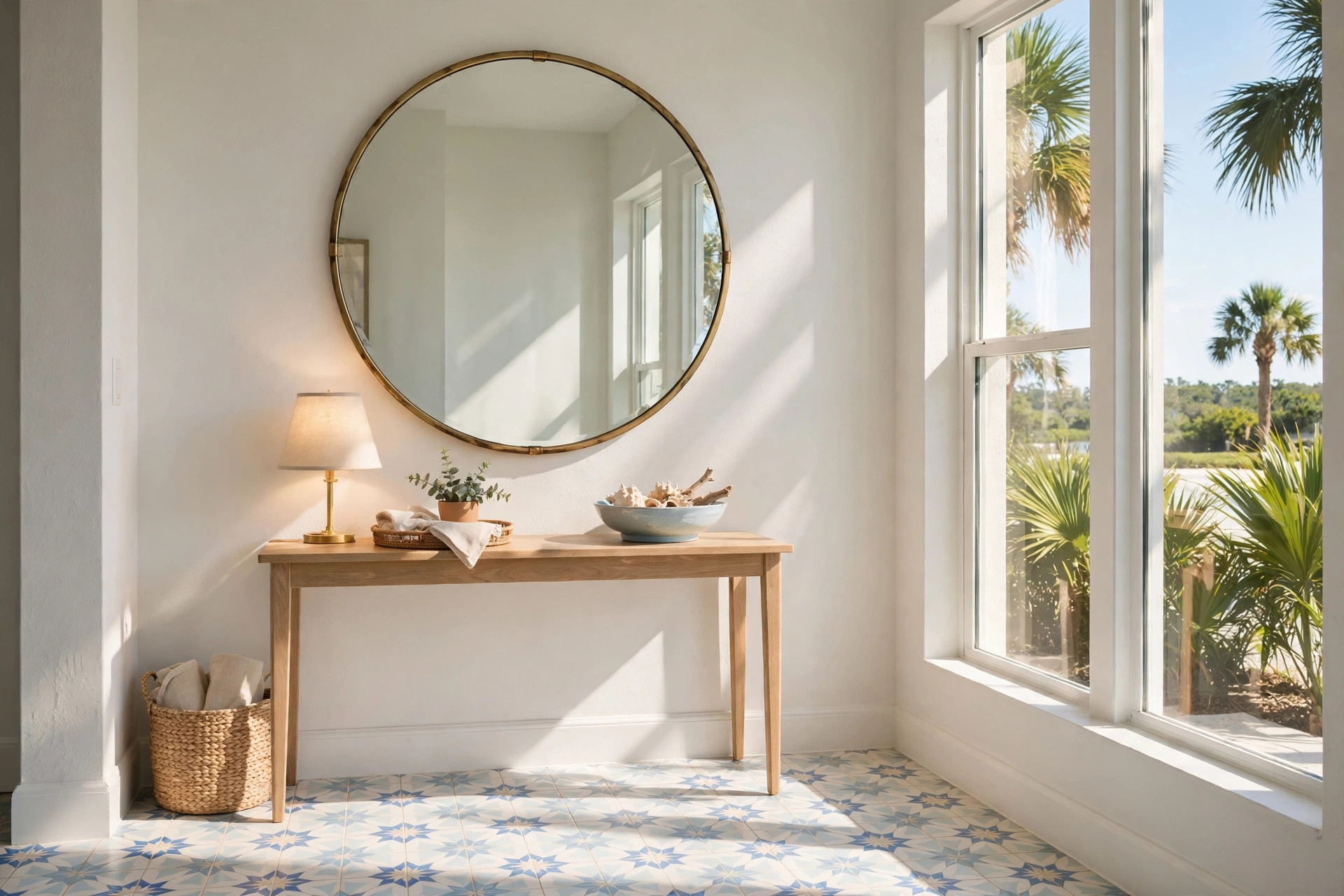 entryway decorative mirrors florida homes usa: Entryway decorative mirror in a bright Florida home foyer